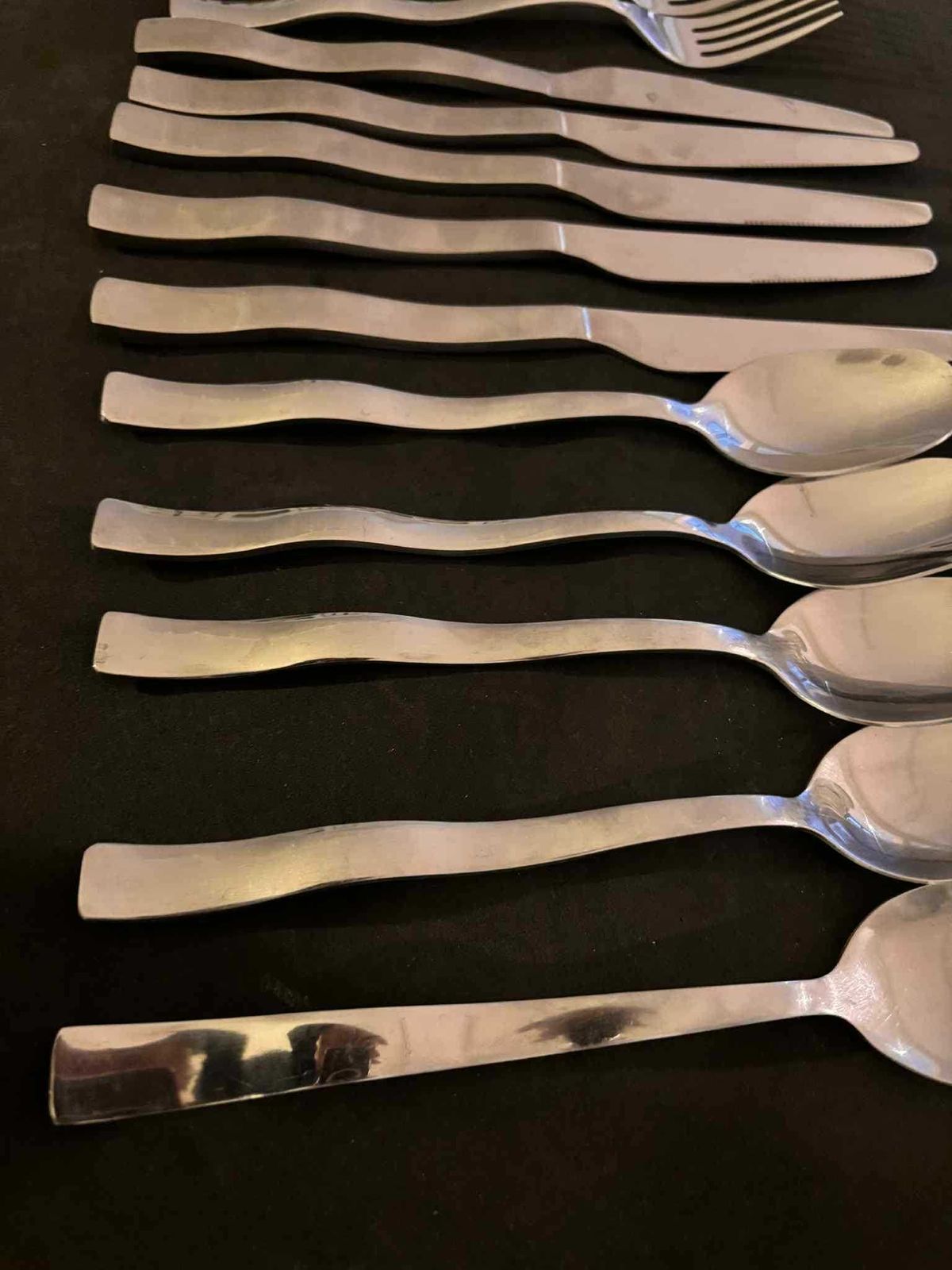 Modernist French Flatware Set For 5, Waved Stainless Steel Cutlery photo for sale