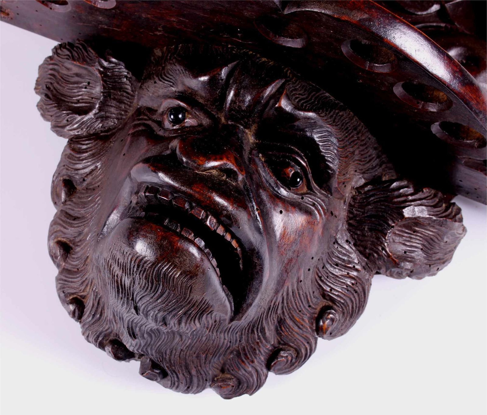 Antique Grotesque Face Wall Shelf. 19th Century Wood Demon Pipe Rack.