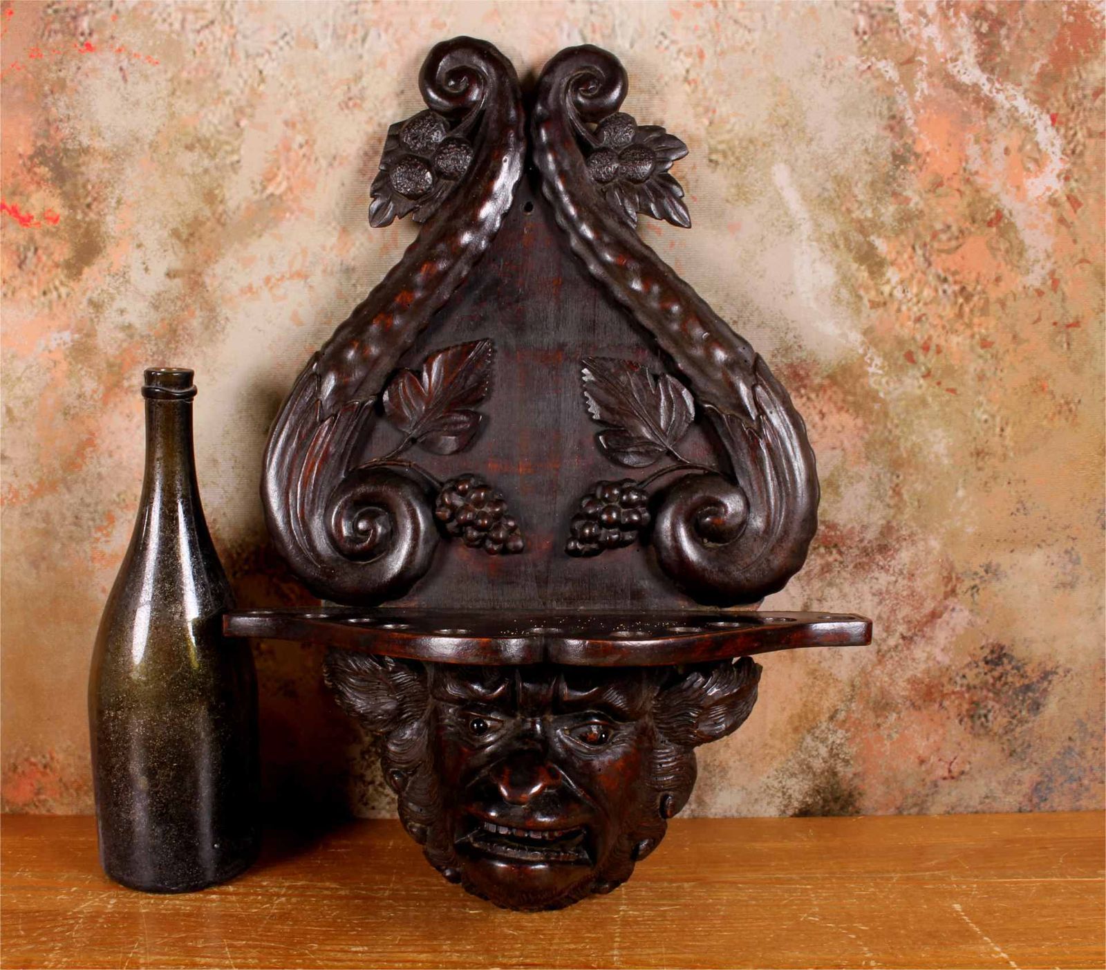 Antique Grotesque Face Wall Shelf. 19th Century Wood Demon Pipe Rack. photo Furniture