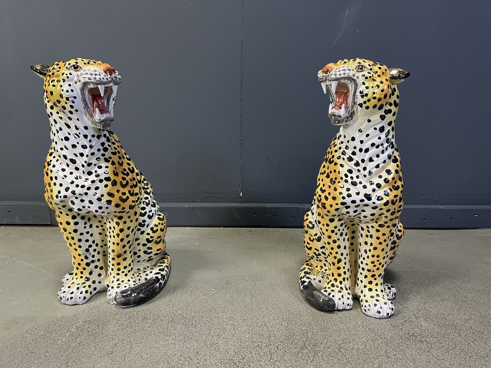 Pair Of Italian Glazed Terracotta Leopard Figures, 1960s photo Art
