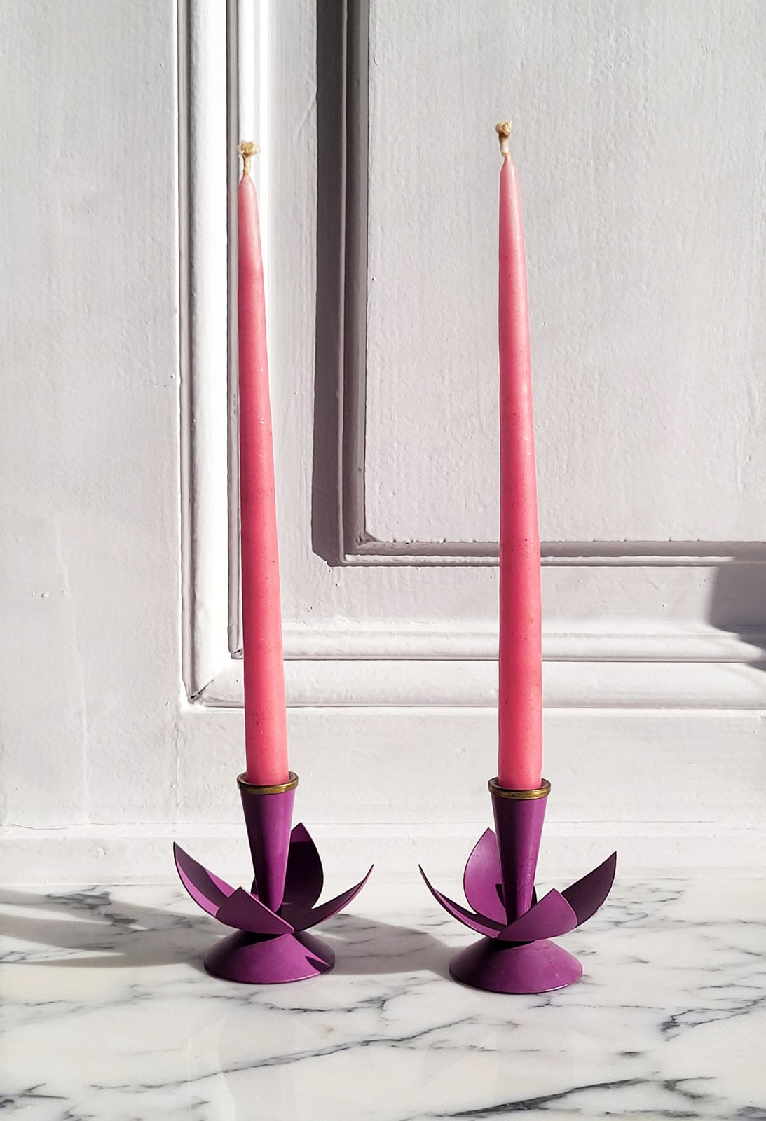 Set Of 2 Lilac Gunnar Ander Ystad Swedish Modernist Candleholders, 1950s photo vinterior