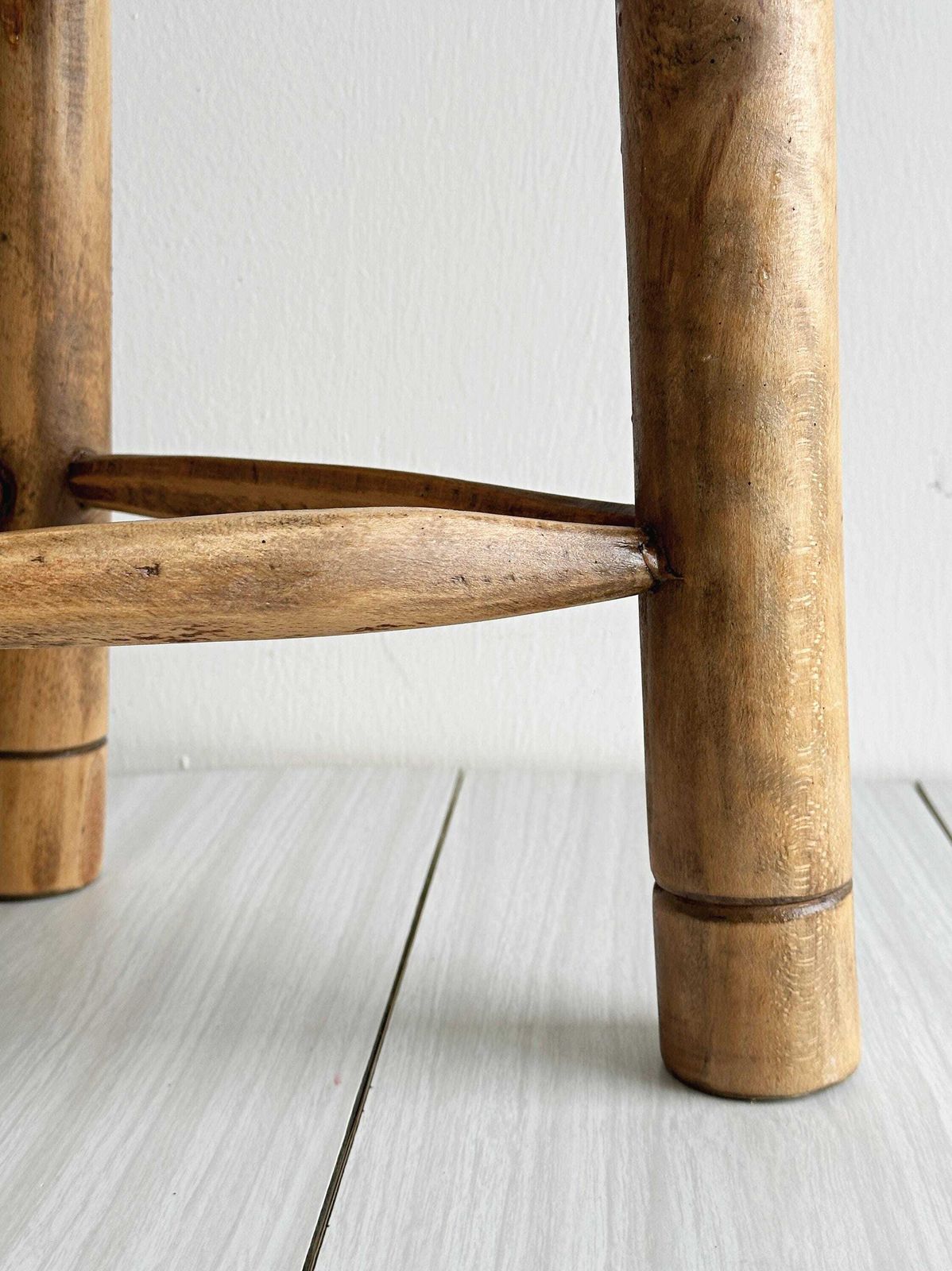 Antique Tripod Stool In Light Wood With A Woven Straw Seat, Rustic And Minimalist Piece Of Furniture, Cozy And Authentic Interior, Gift photo furniture