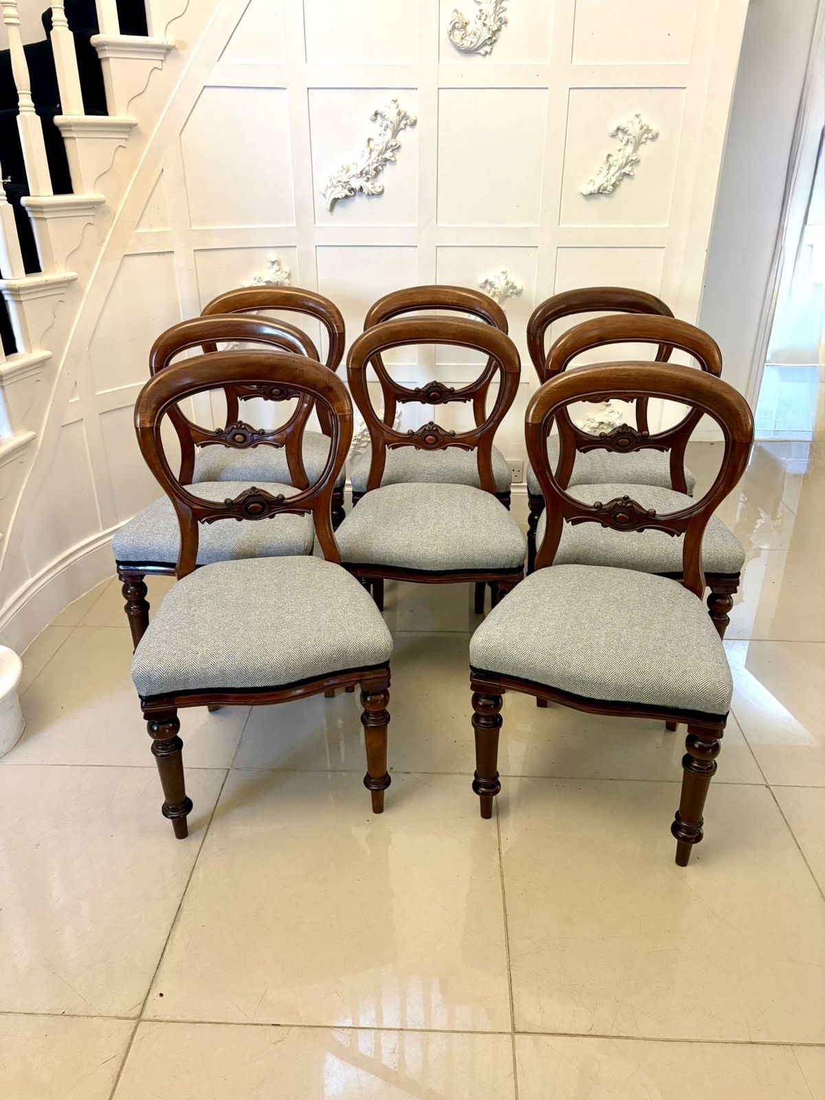 Antique Set Of Eight Quality Mahogany Balloon Back Dining Chairs