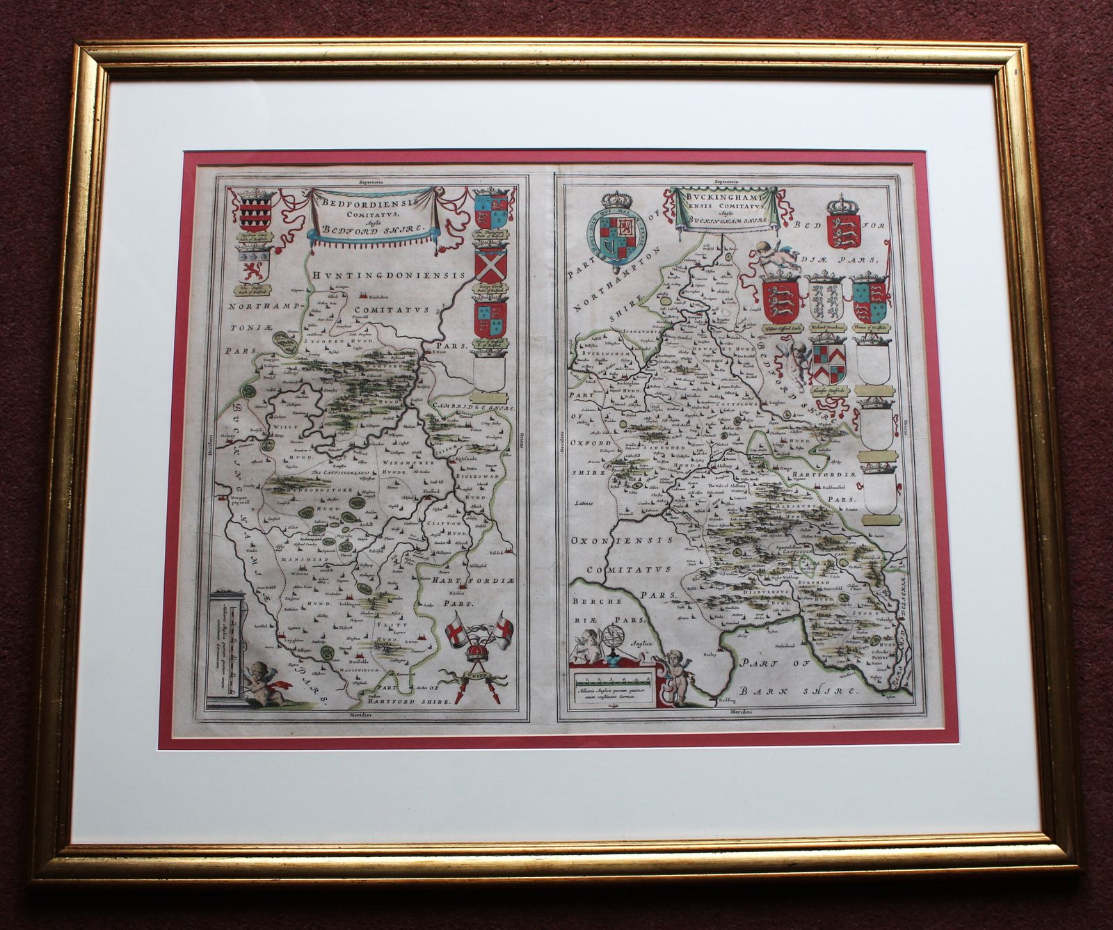 ‘Bedfordiensis Comitatus; Anglis Bedford Shire.’ & ‘Buckingham Ensis Comitatus, Anglis Buckingham Shire.’ By Joan Blaeu C.1645