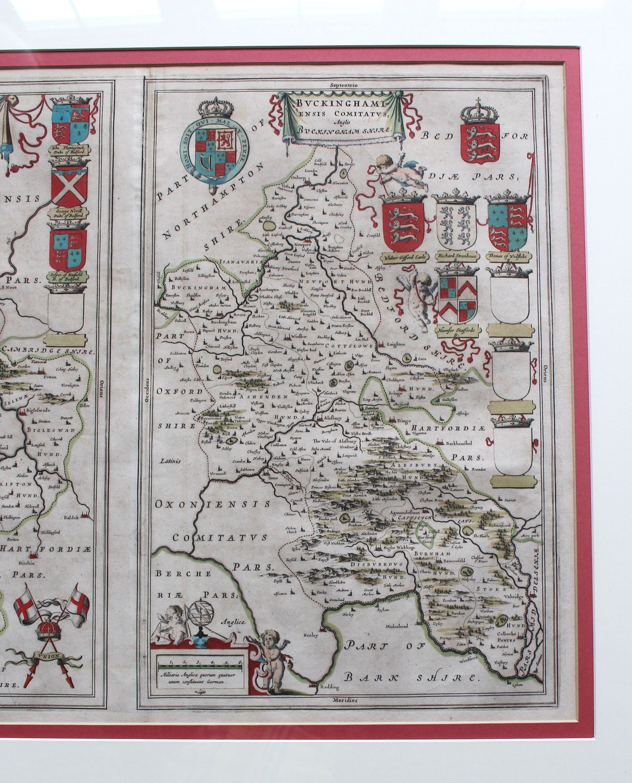 ‘Bedfordiensis Comitatus; Anglis Bedford Shire.’ & ‘Buckingham Ensis Comitatus, Anglis Buckingham Shire.’ By Joan Blaeu C.1645 photo for sale