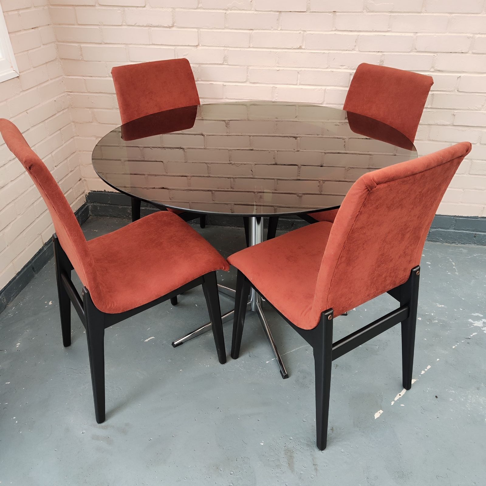Mid Century Smoked Glass Dining Table With 4 Reupholstered Designer Chairs photo furniture