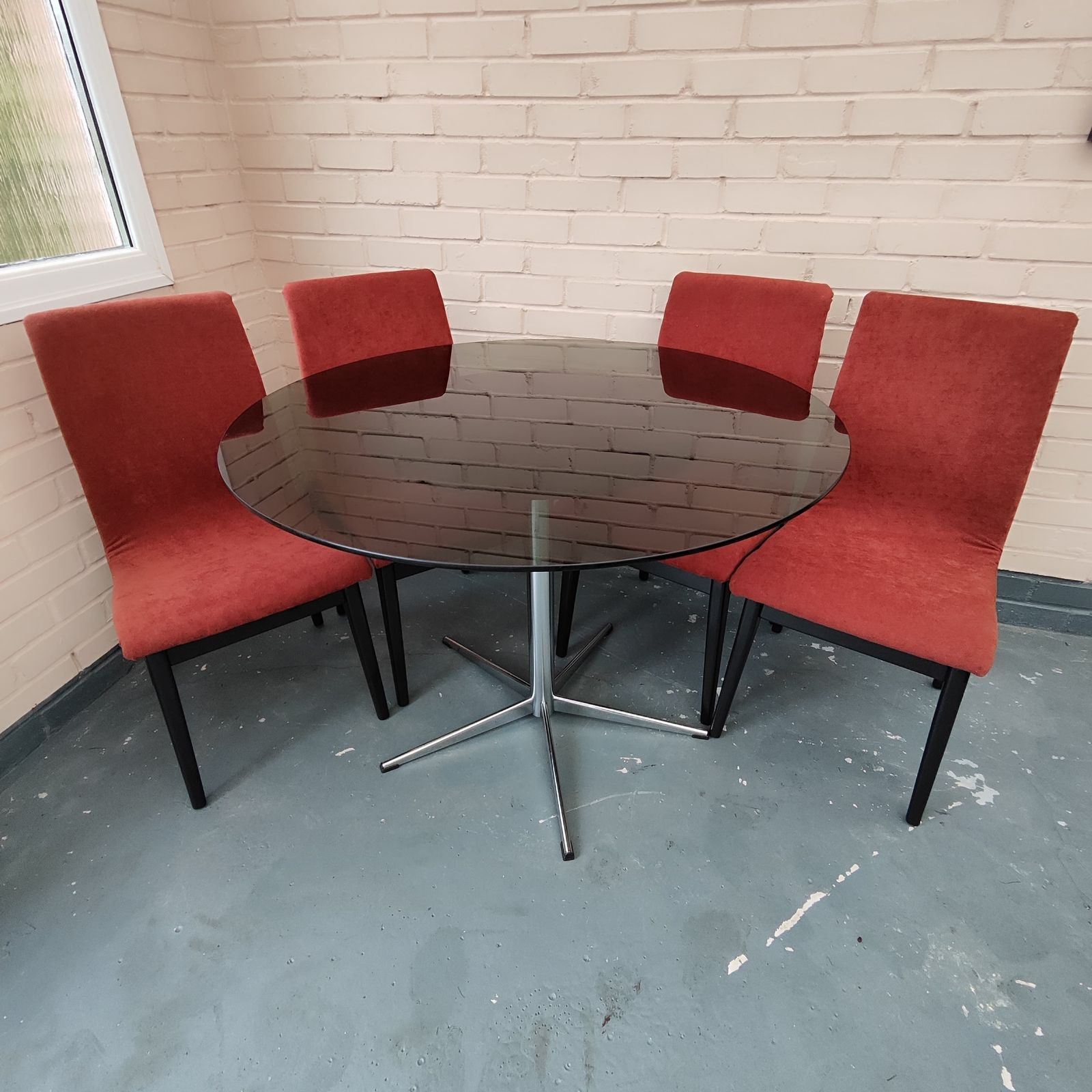 Mid Century Smoked Glass Dining Table With 4 Reupholstered Designer Chairs photo for sale