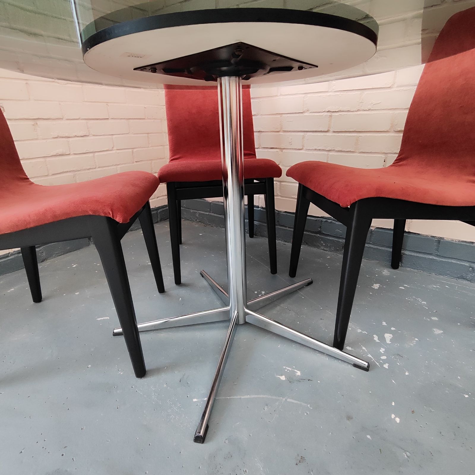 Mid Century Smoked Glass Dining Table With 4 Reupholstered Designer Chairs photo vintage