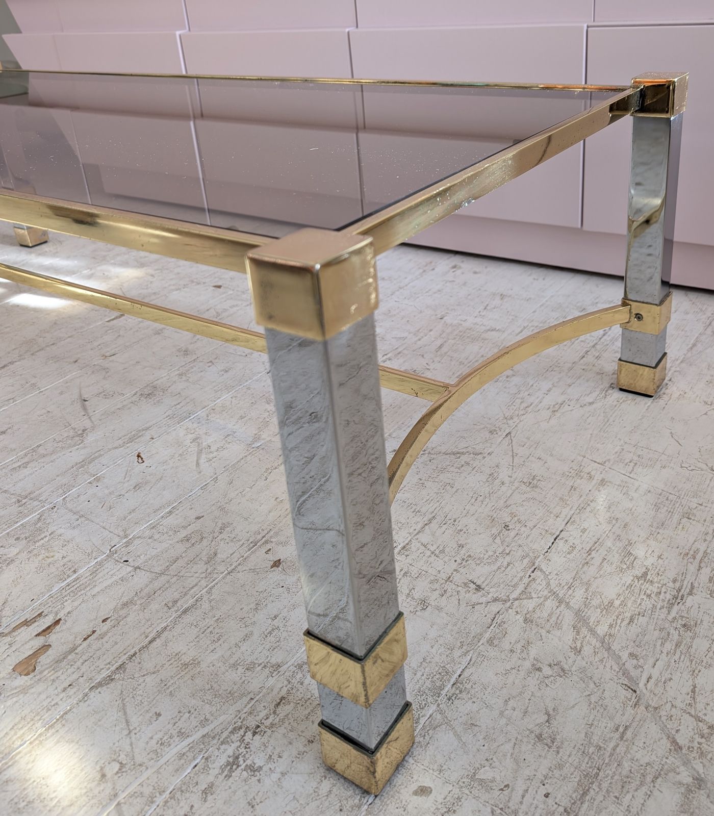 450.0 Large Vintage Mid Century 1970s Chrome & Gold Coffee Table photo