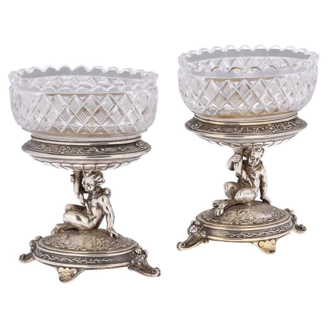 19th Century Victorian Solid Silver And Glass Figural Salts Elkington C1896