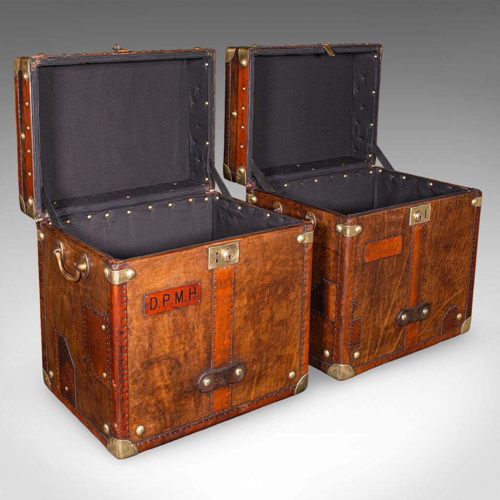 2 Late Vintage Campaign Luggage Cases, English, Leather, Nightstand, Bedside photo furniture