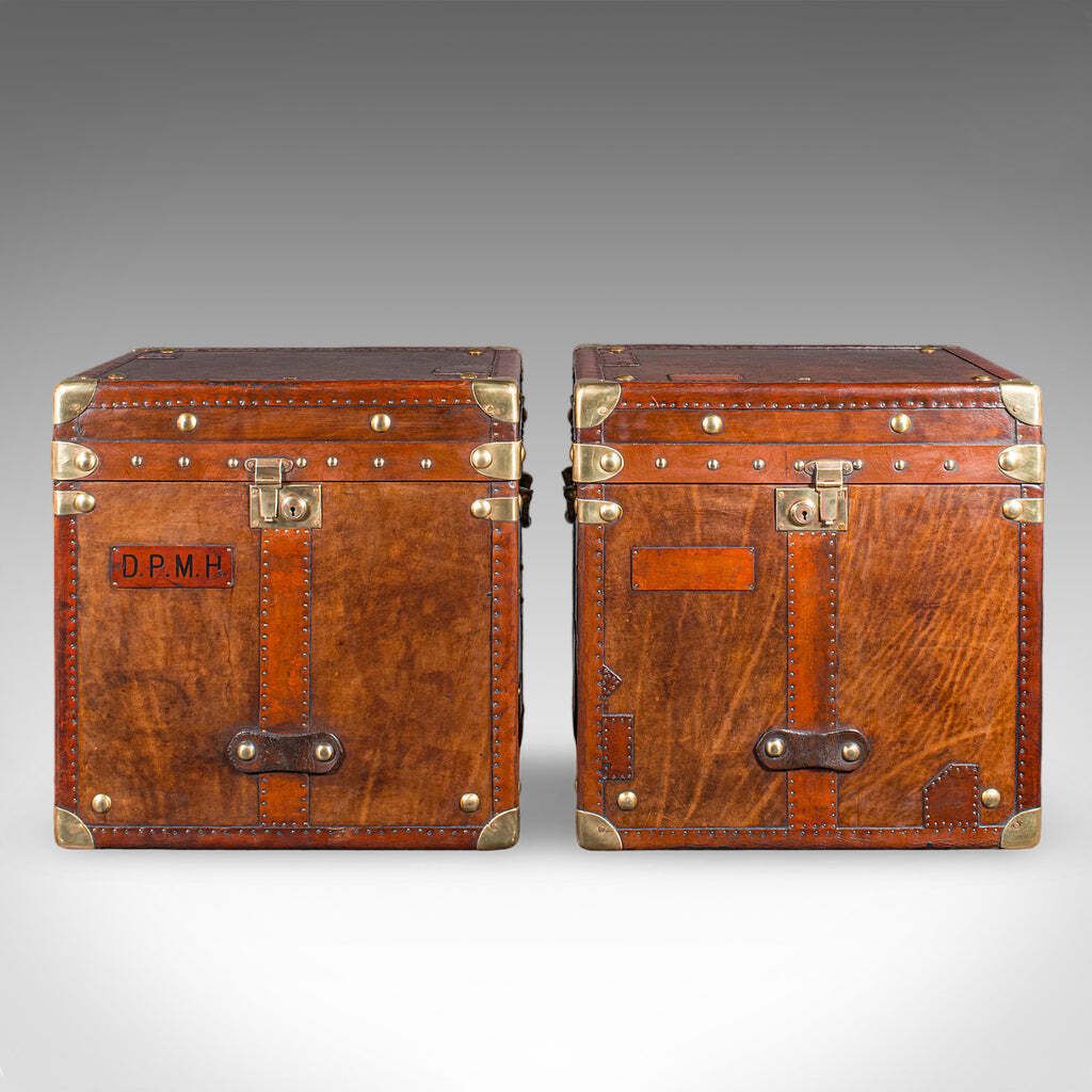 2 Late Vintage Campaign Luggage Cases, English, Leather, Nightstand, Bedside photo for sale