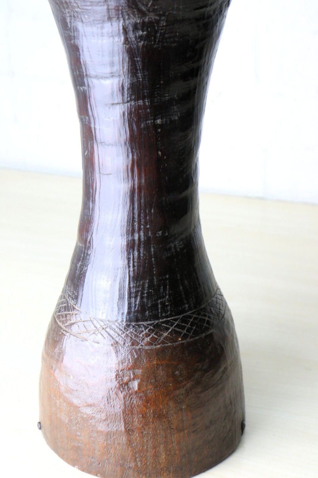 African Carved Tall Wooden Vase With Copper Insert 19th C. Ancient Drum Conversion South Africa photo vintage