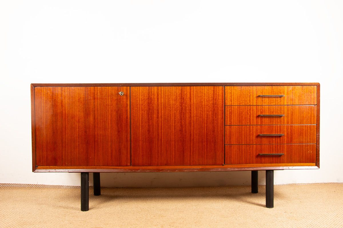 Modernist Sideboard, 180 Cm, French Style In Rosewood By Tricoire And Vecchione, Tv Unit 1960. photo for sale
