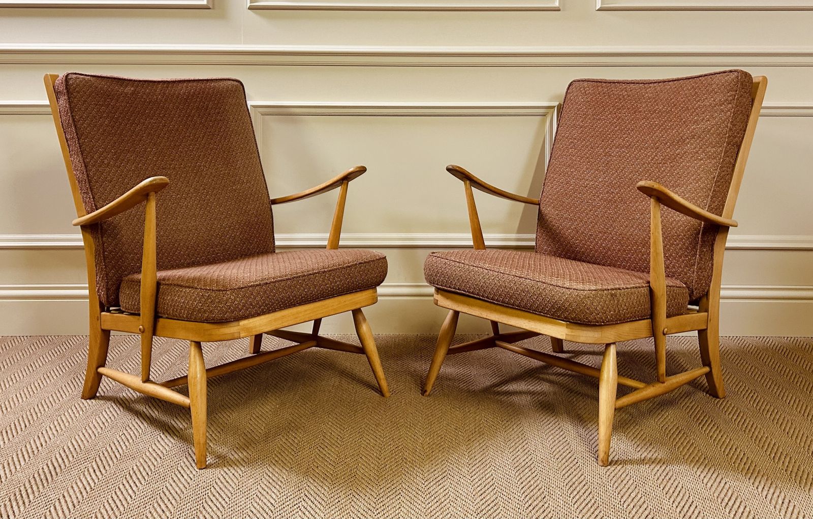 Pair Of Mid Century Ercol 403 Easy Armchairs Original Upholstery Very Rare