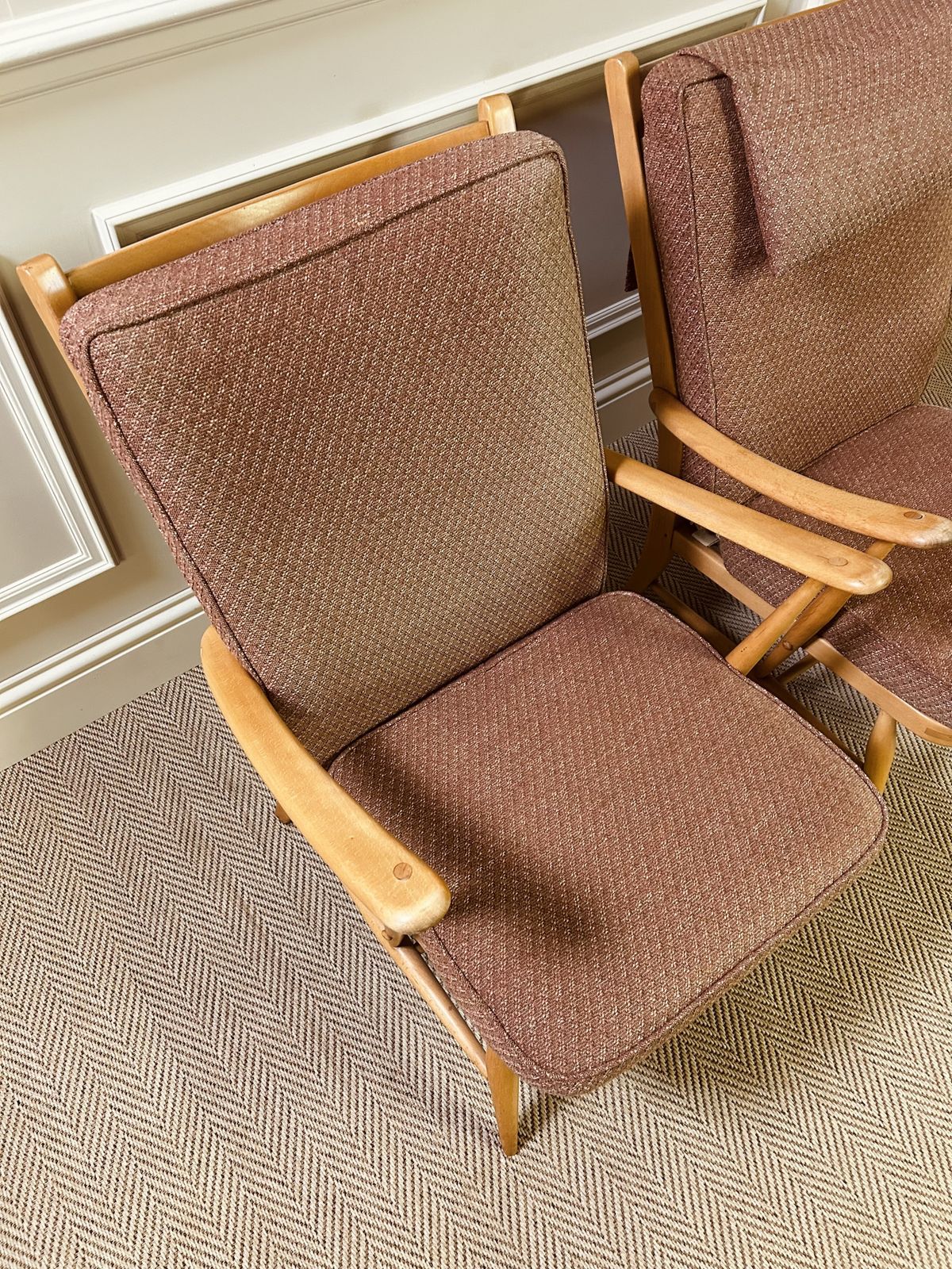 Pair Of Mid Century Ercol 403 Easy Armchairs Original Upholstery Very Rare photo vintage