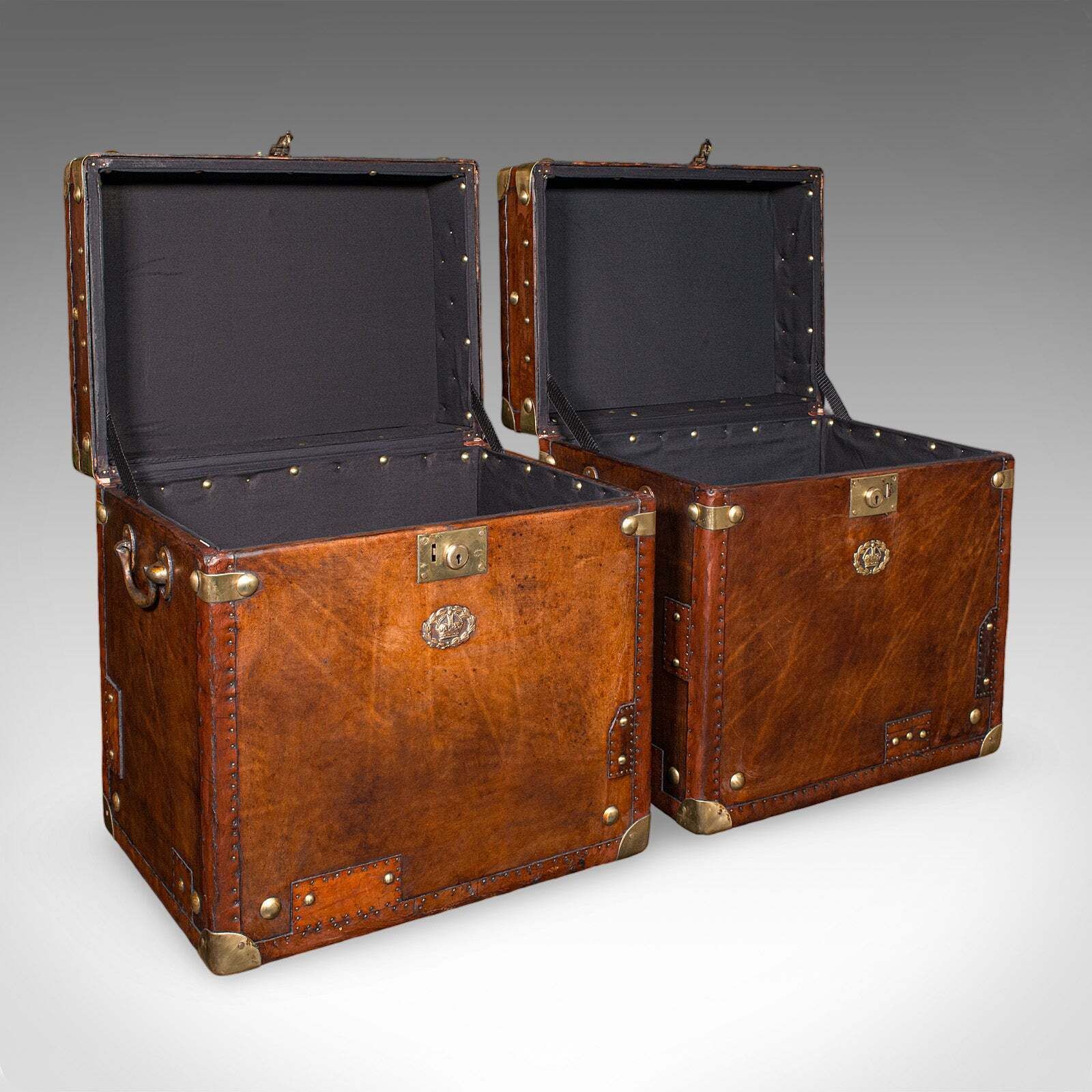 Pair Of Late Vintage Campaign Luggage Trunks, English Leather Bedside Nightstand photo furniture