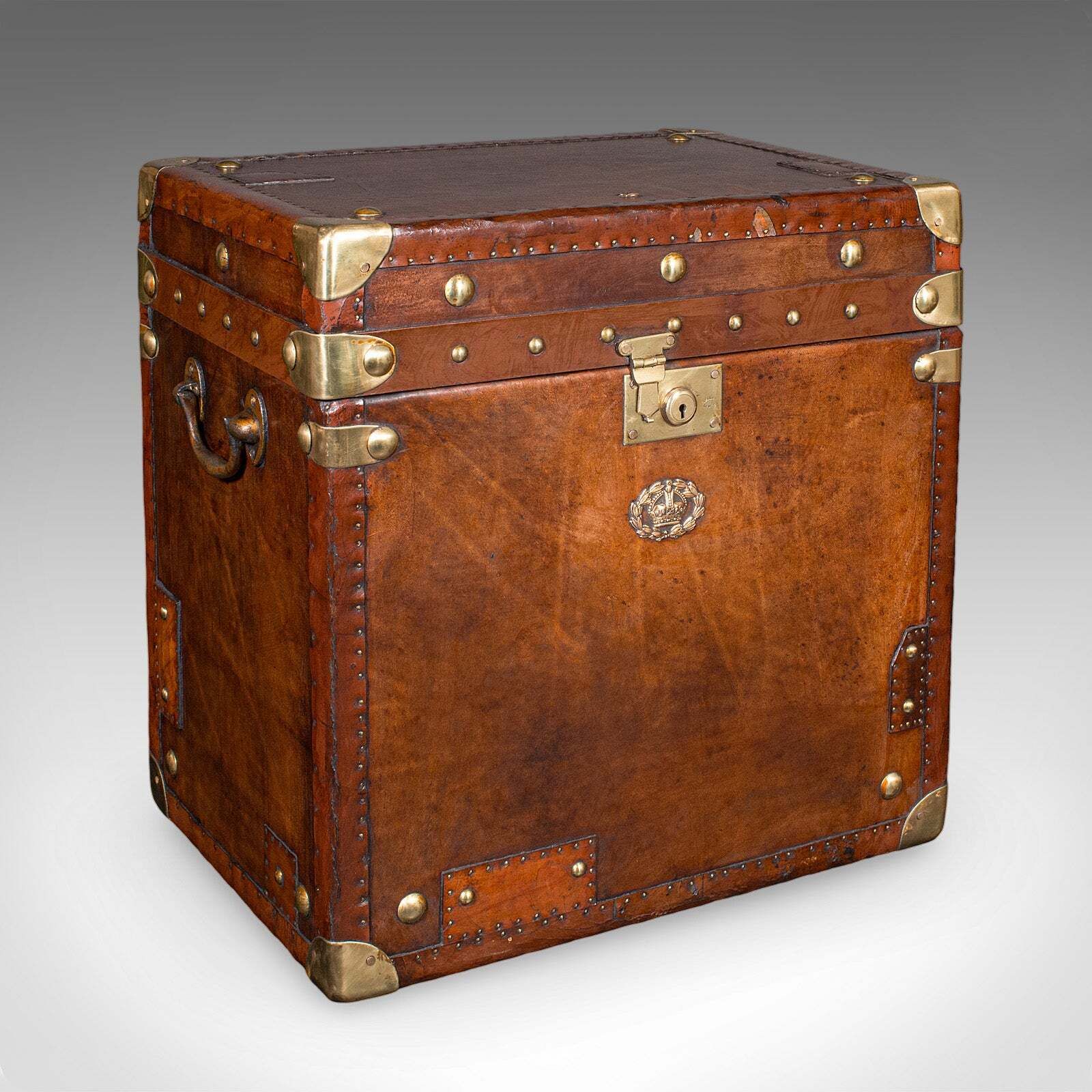 Pair Of Late Vintage Campaign Luggage Trunks, English Leather Bedside Nightstand photo Furniture