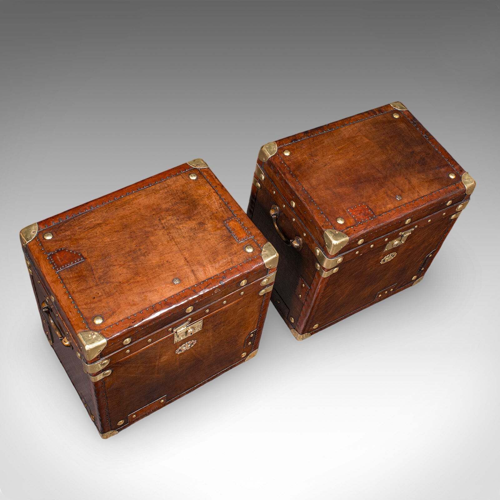 Pair Of Late Vintage Campaign Luggage Trunks, English Leather Bedside Nightstand photo vintage