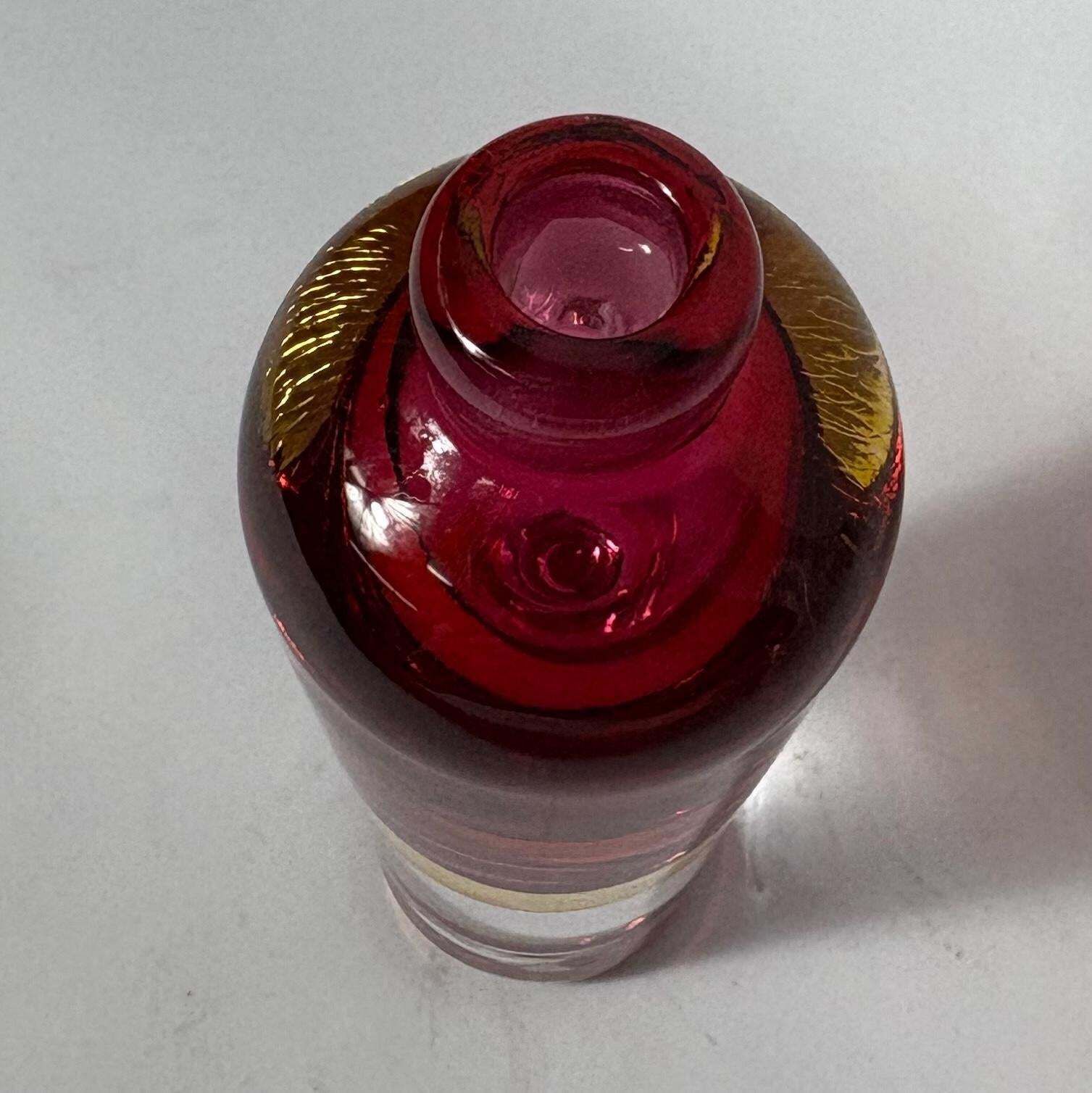 Mid‑Century Sommerso Cased Glass Bottle Vase – Cranberry & Amber photo for sale