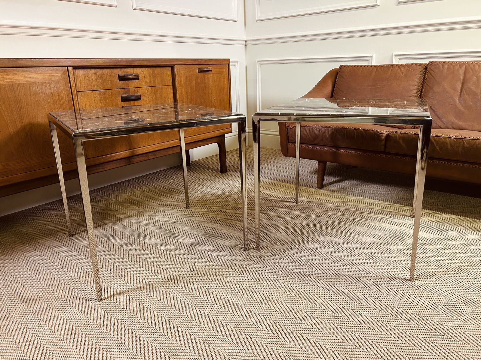 Pair Of Luxury Eichholtz Henley Side Tables Marble Top Nickel Base photo for sale