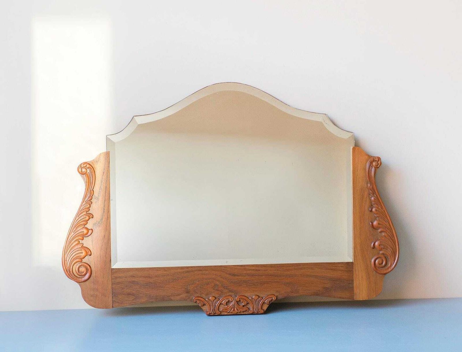 Art Deco Mantel Mirror With Beveled Glass – Carved Wood Frame, C. 1920 photo for sale