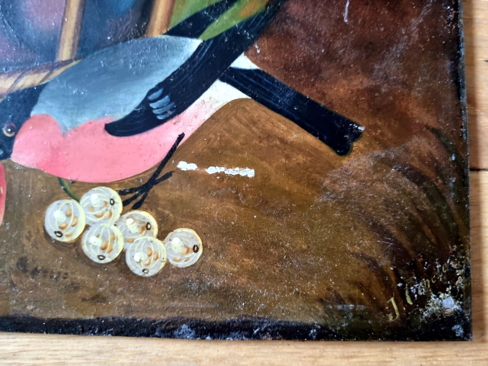 Original Still Life Painting, Bullfinch With Gooseberries, Oil On Metal Panel, Signed Early 20th Century Artwork, Rustic photo furniture