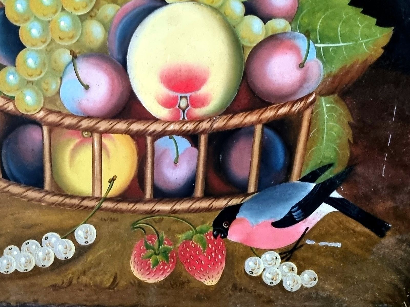 Original Still Life Painting, Bullfinch With Gooseberries, Oil On Metal Panel, Signed Early 20th Century Artwork, Rustic photo vinterior