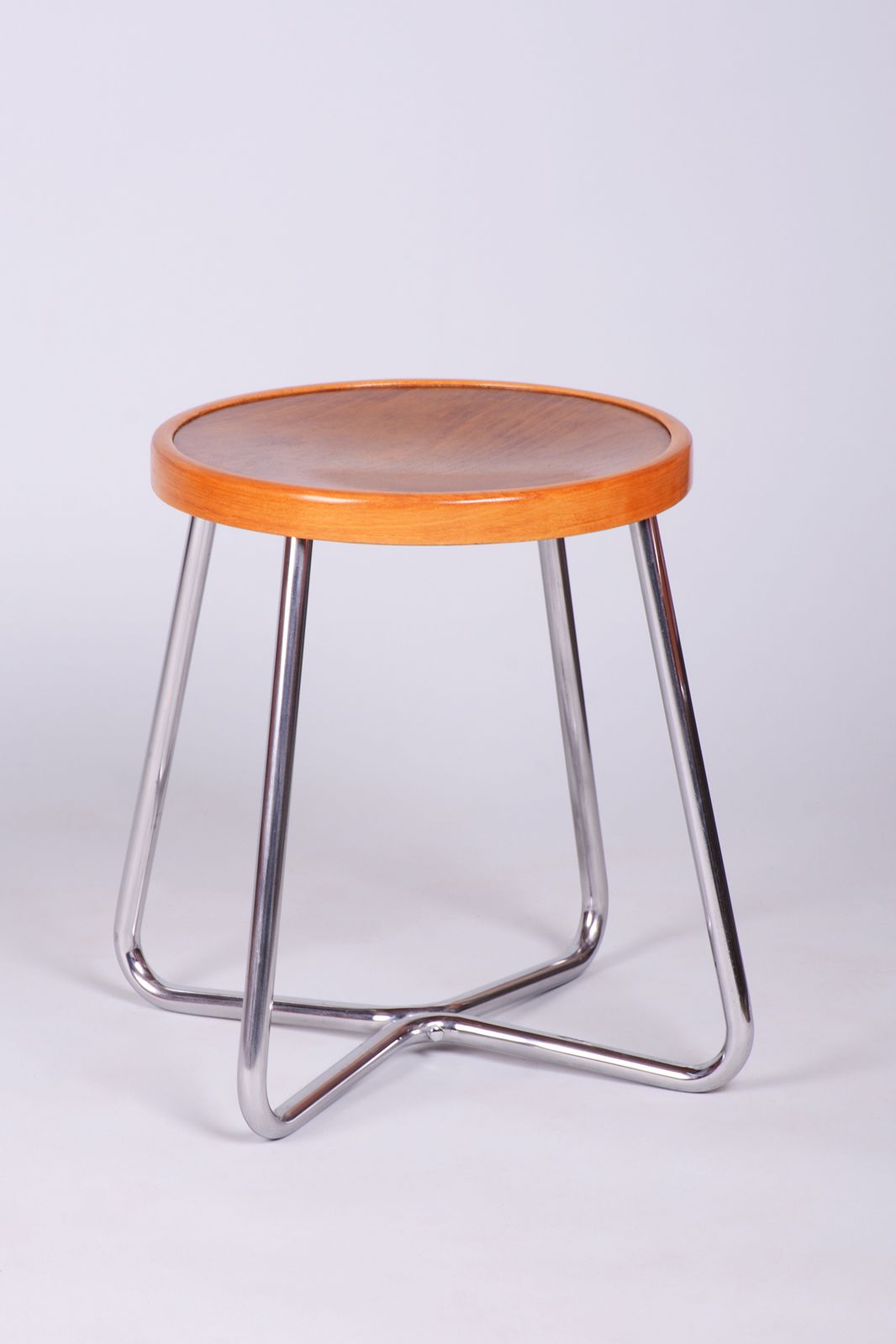 Restored Bauhaus Stool, By Mücke Melder, Beech, Chrome, Polished, Czech, 1930s
