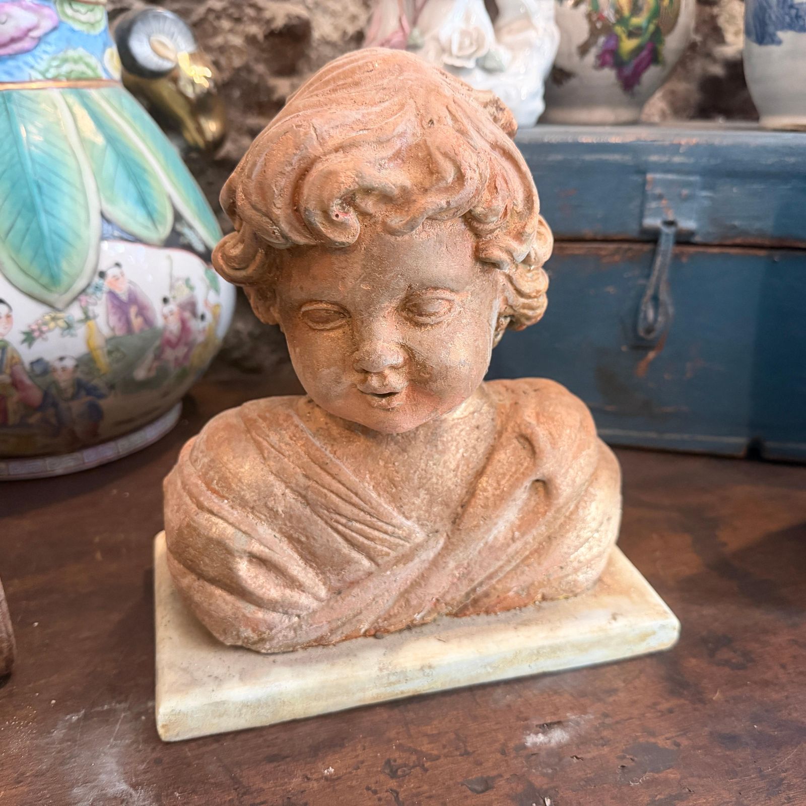 1930s Mixed Stone Sicilian Sculpture Of A Putto On A Marble Base photo vinterior