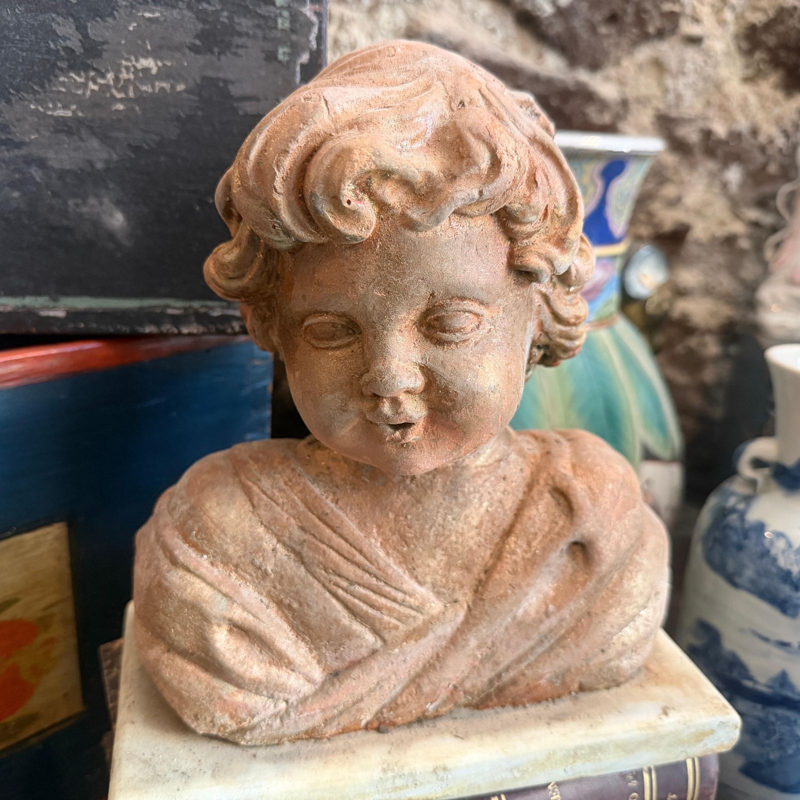 1930s Mixed Stone Sicilian Sculpture Of A Putto On A Marble Base photo buy