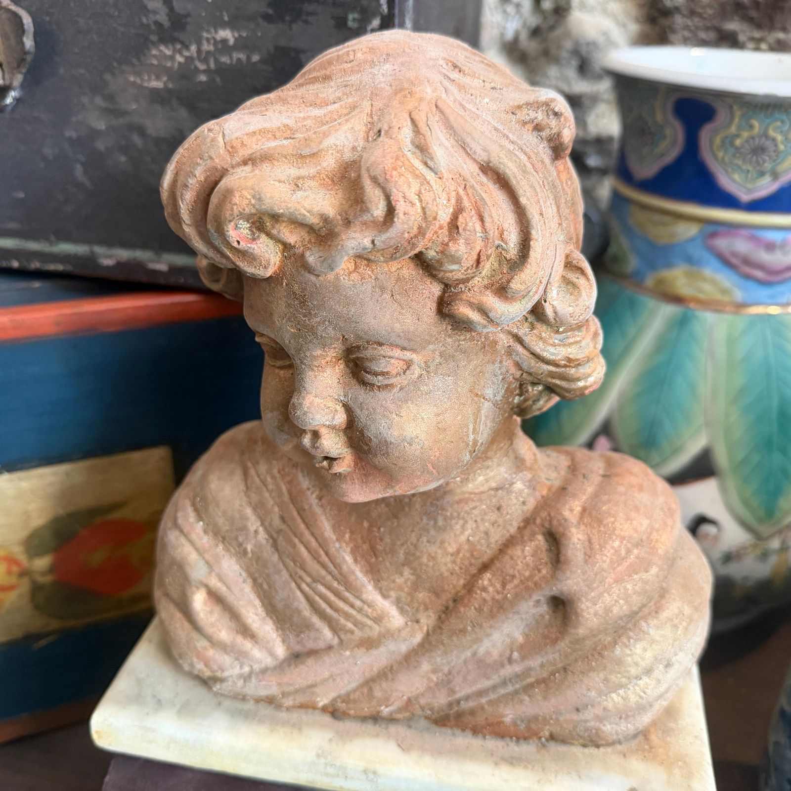 photo vintage 1930s Mixed Stone Sicilian Sculpture Of A Putto On A Marble Base