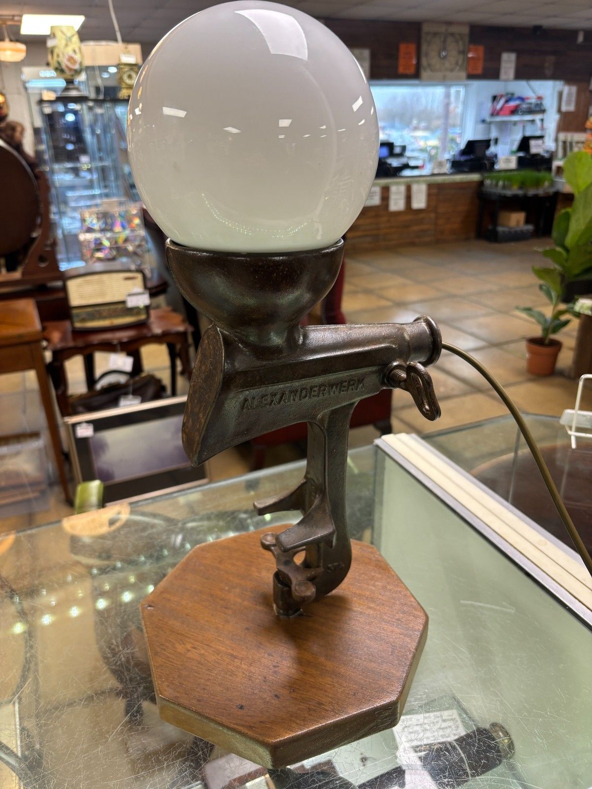 65.0 Steam Punk Cast Iron Mixer Converted Table Lamp With Milk Glass Shade photo