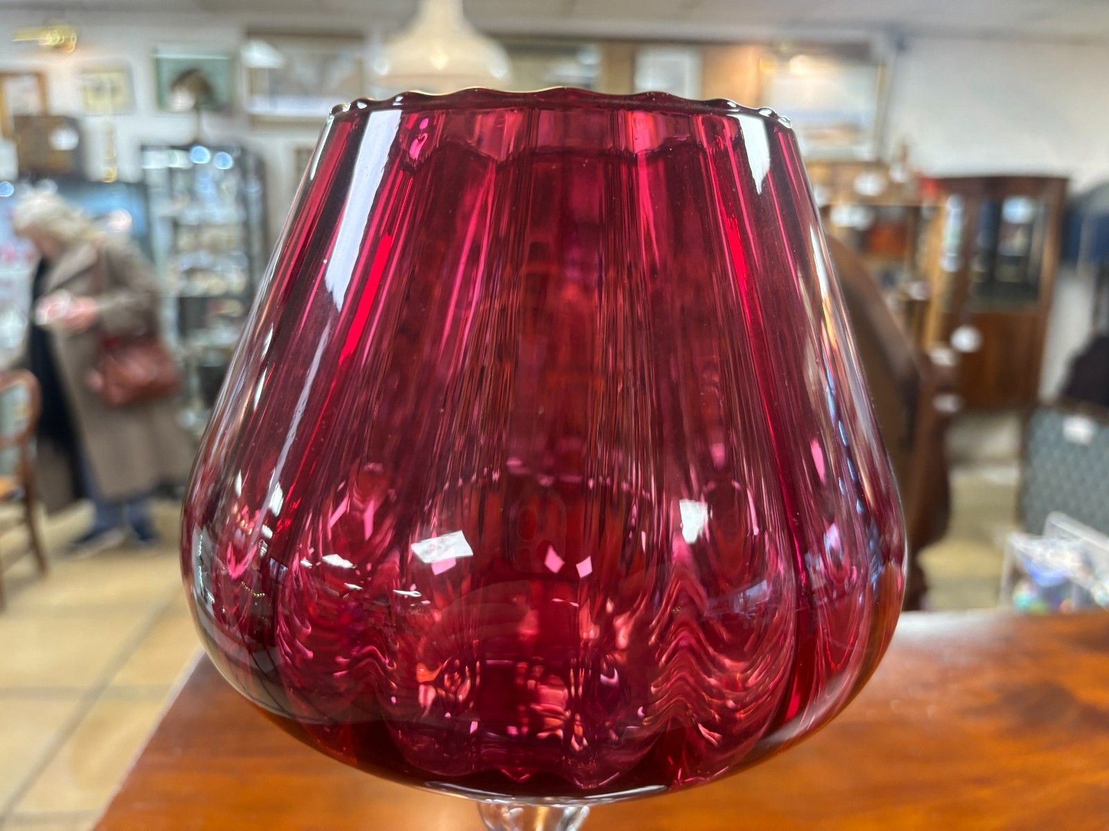 1960's Vintage Hand Blown Cranberry & Clear Glass Vase/ Pedestal Bowl photo vinterior