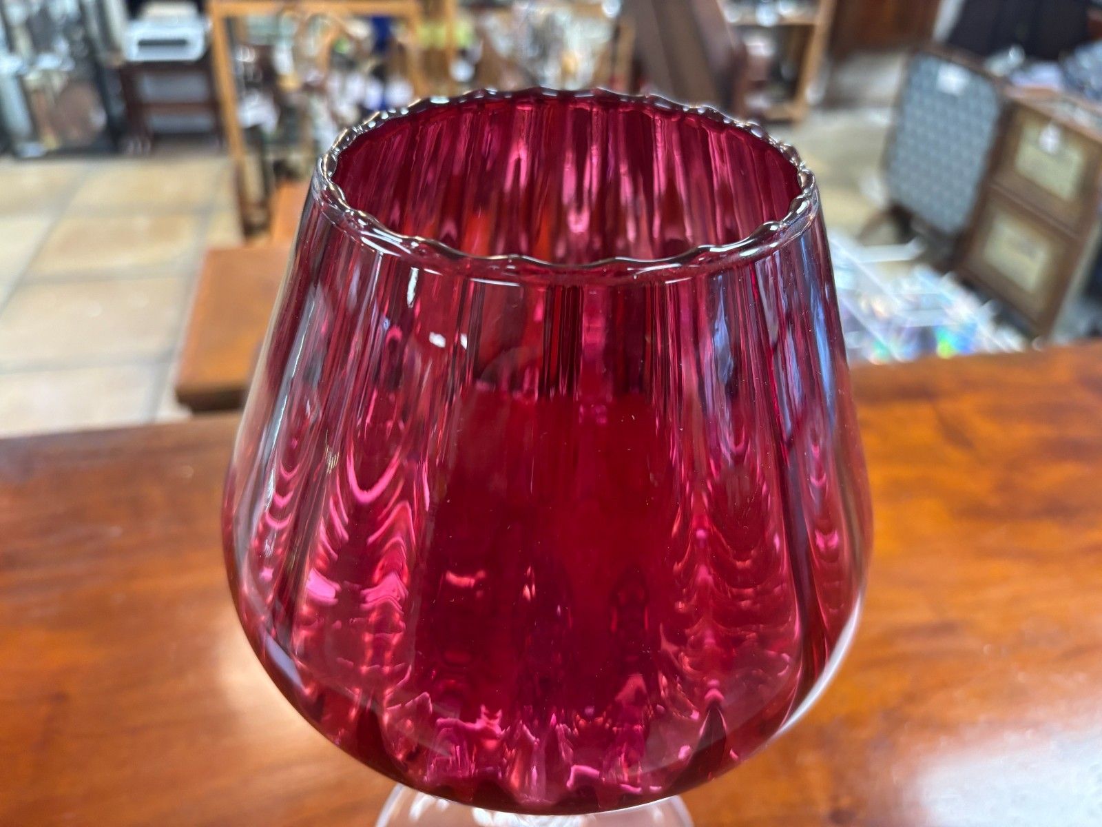 photo for sale 1960's Vintage Hand Blown Cranberry & Clear Glass Vase/ Pedestal Bowl