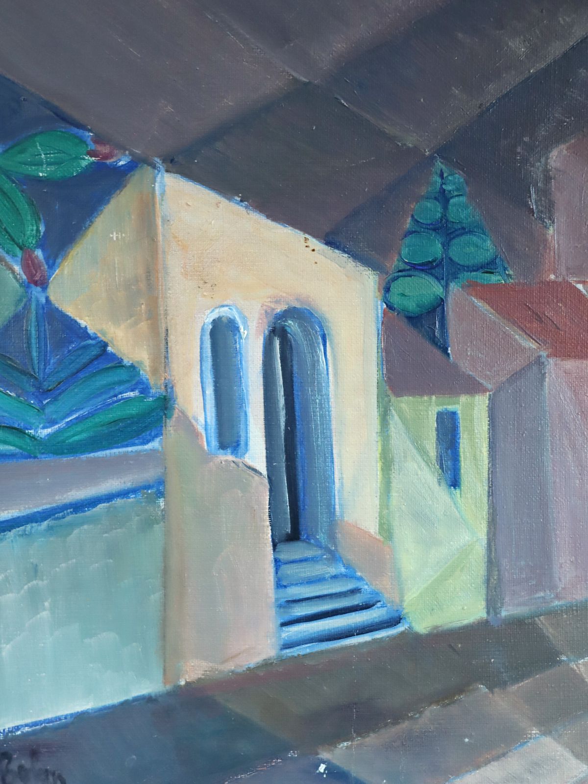 Cubist Street  Oil Painting, Mid 20th Century photo vinterior