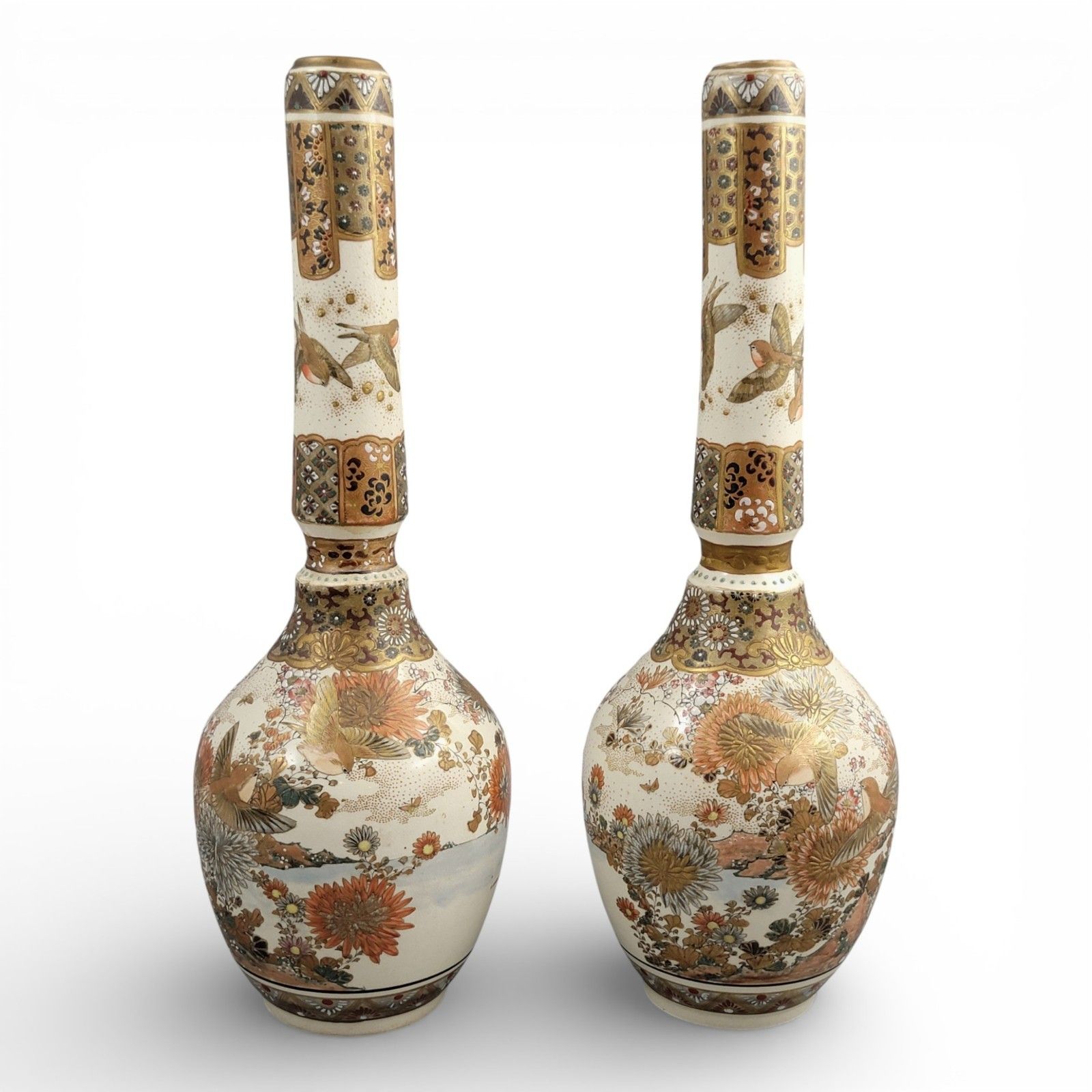 Pair Of Large Meiji Japanese Satsuma Vases, Moriage & Gold Pointillé photo for sale
