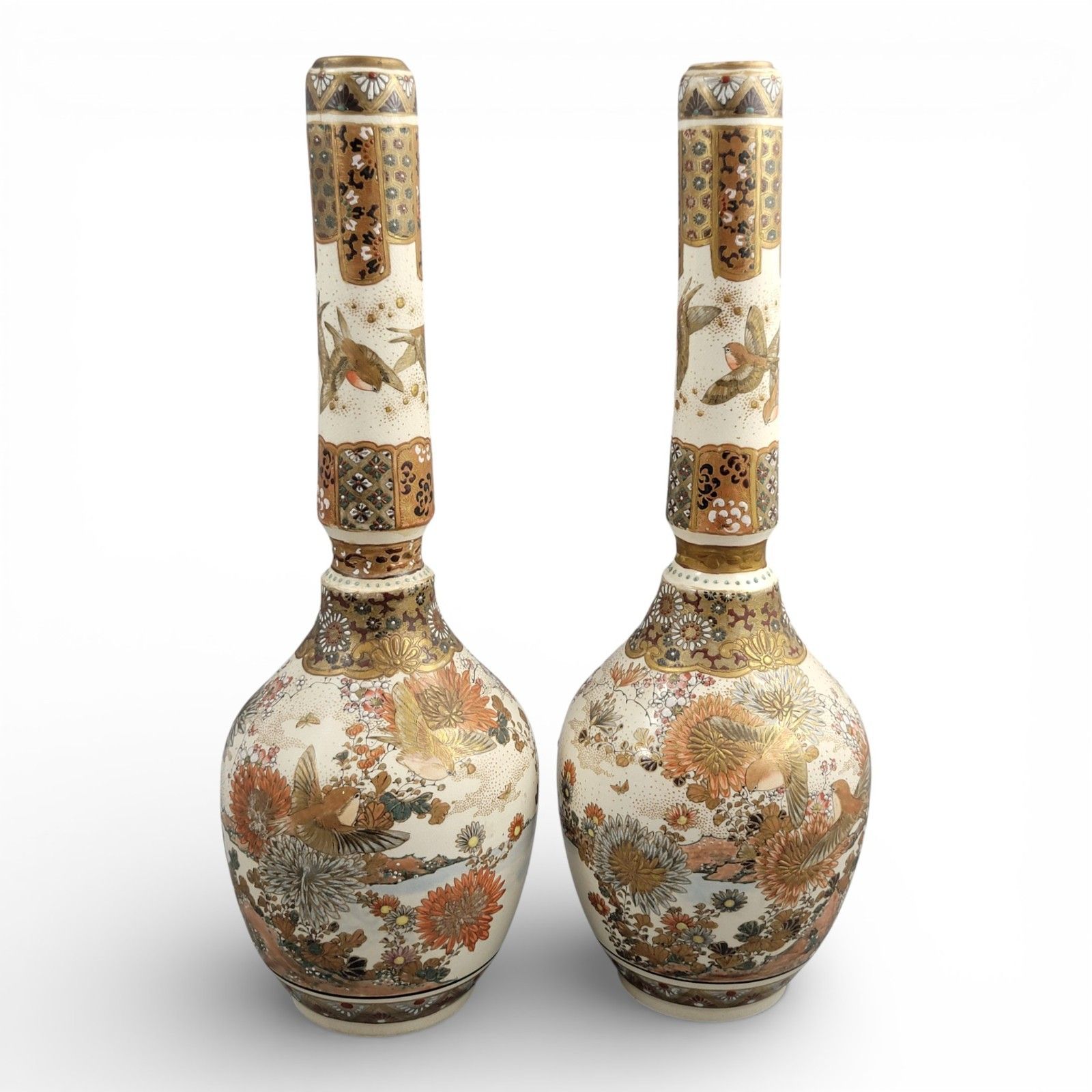 Pair Of Large Meiji Japanese Satsuma Vases, Moriage & Gold Pointillé photo 7000.0