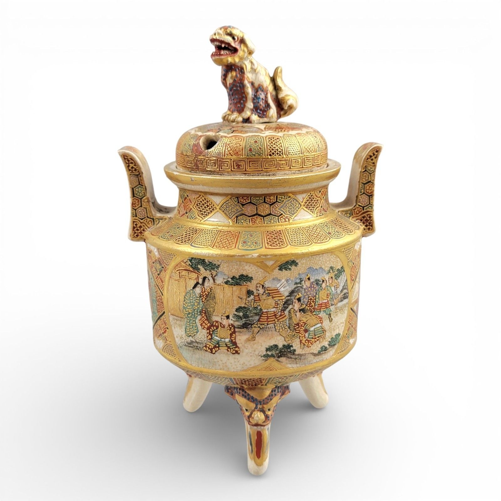 Signed Meiji Satsuma Koro Incense Burner By Shunzan With Shi Shi Lid, C.1890