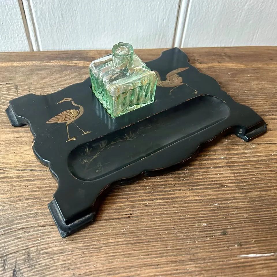 Antique Japanese Pen Tray & Inkwell