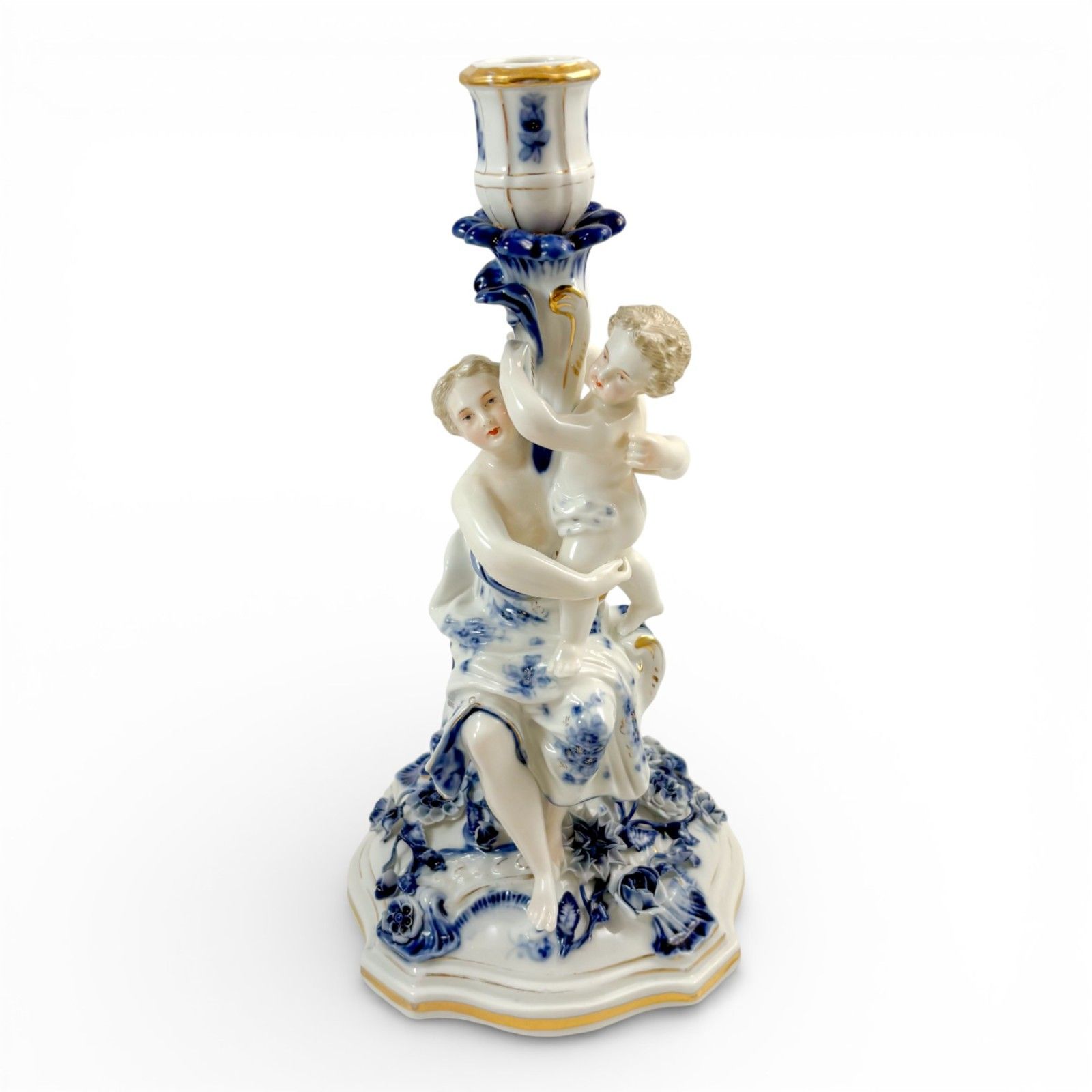 Antique Sitzendorf Porcelain Figural Candlestick Woman & Child Blue White photo furniture