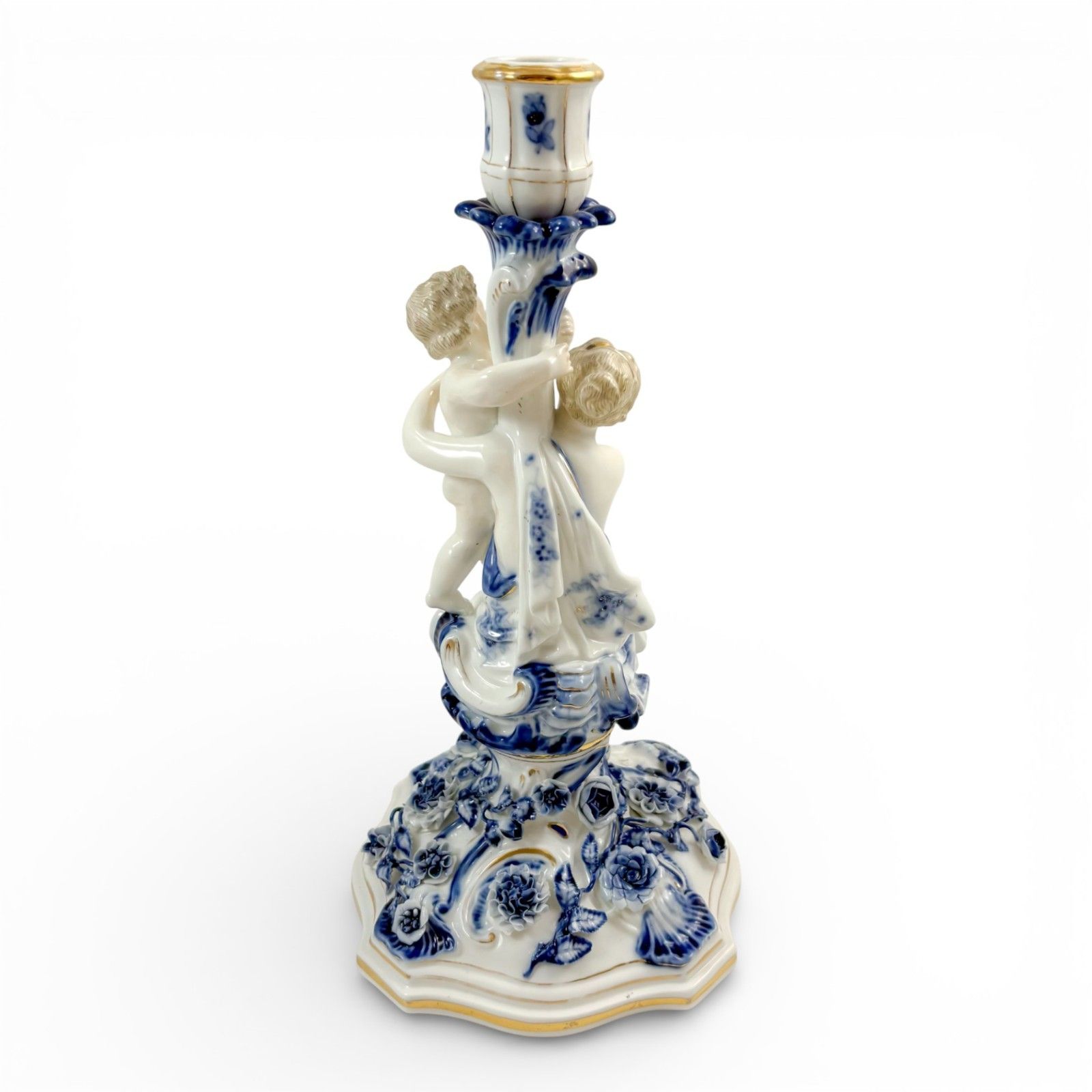 Antique Sitzendorf Porcelain Figural Candlestick Woman & Child Blue White photo Home Decor