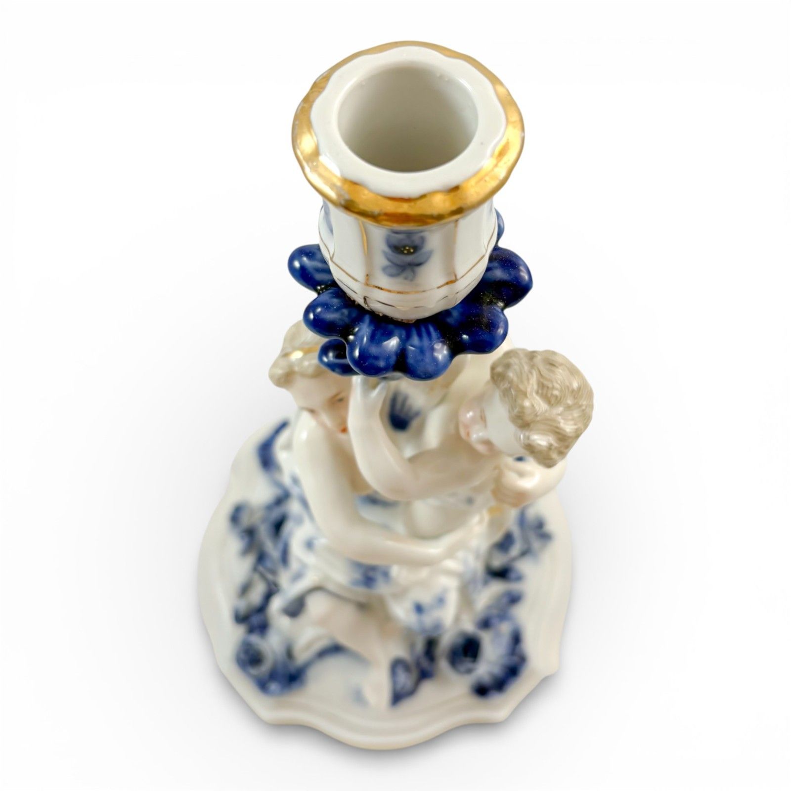 Antique Sitzendorf Porcelain Figural Candlestick Woman & Child Blue White photo vinterior