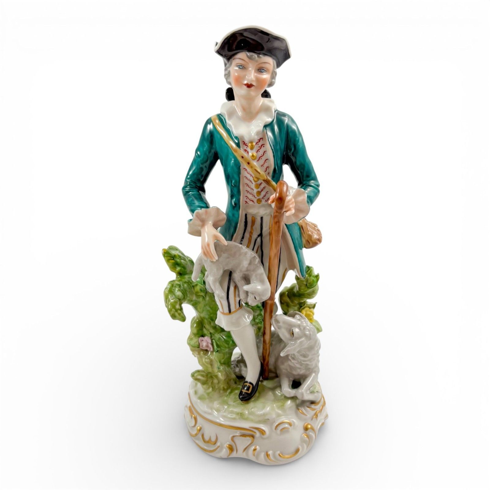 395.0 Antique German Porcelain Shepherd & Shepherdess Figurines Pair Pastoral photo