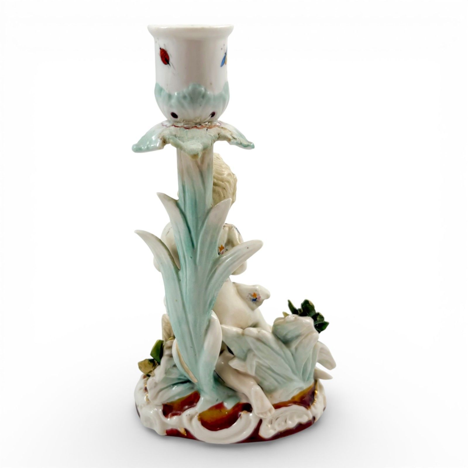 Antique 19th Century Continental Porcelain Cherub Candlestick With Floral Stem photo for sale