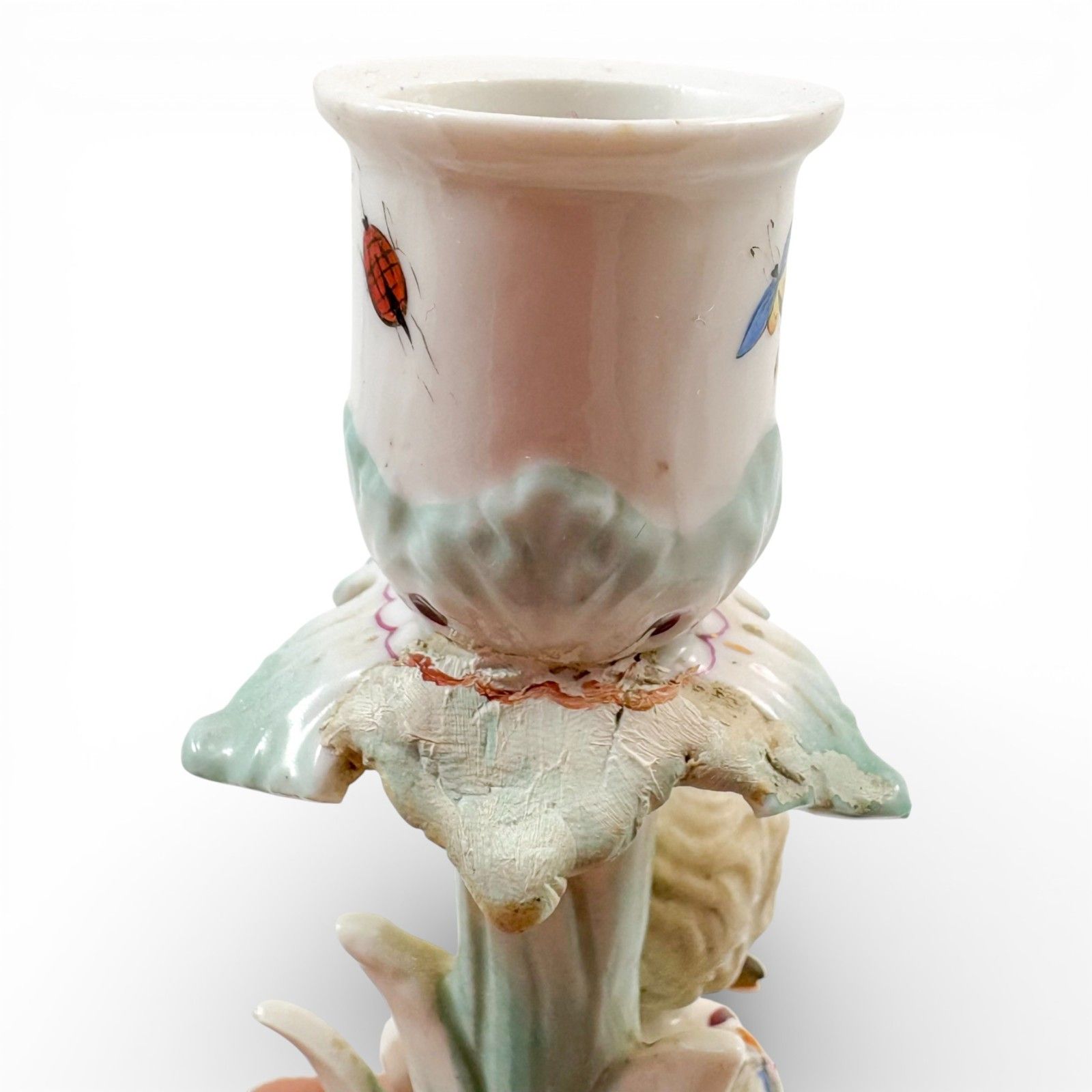 photo for sale Antique 19th Century Continental Porcelain Cherub Candlestick With Floral Stem