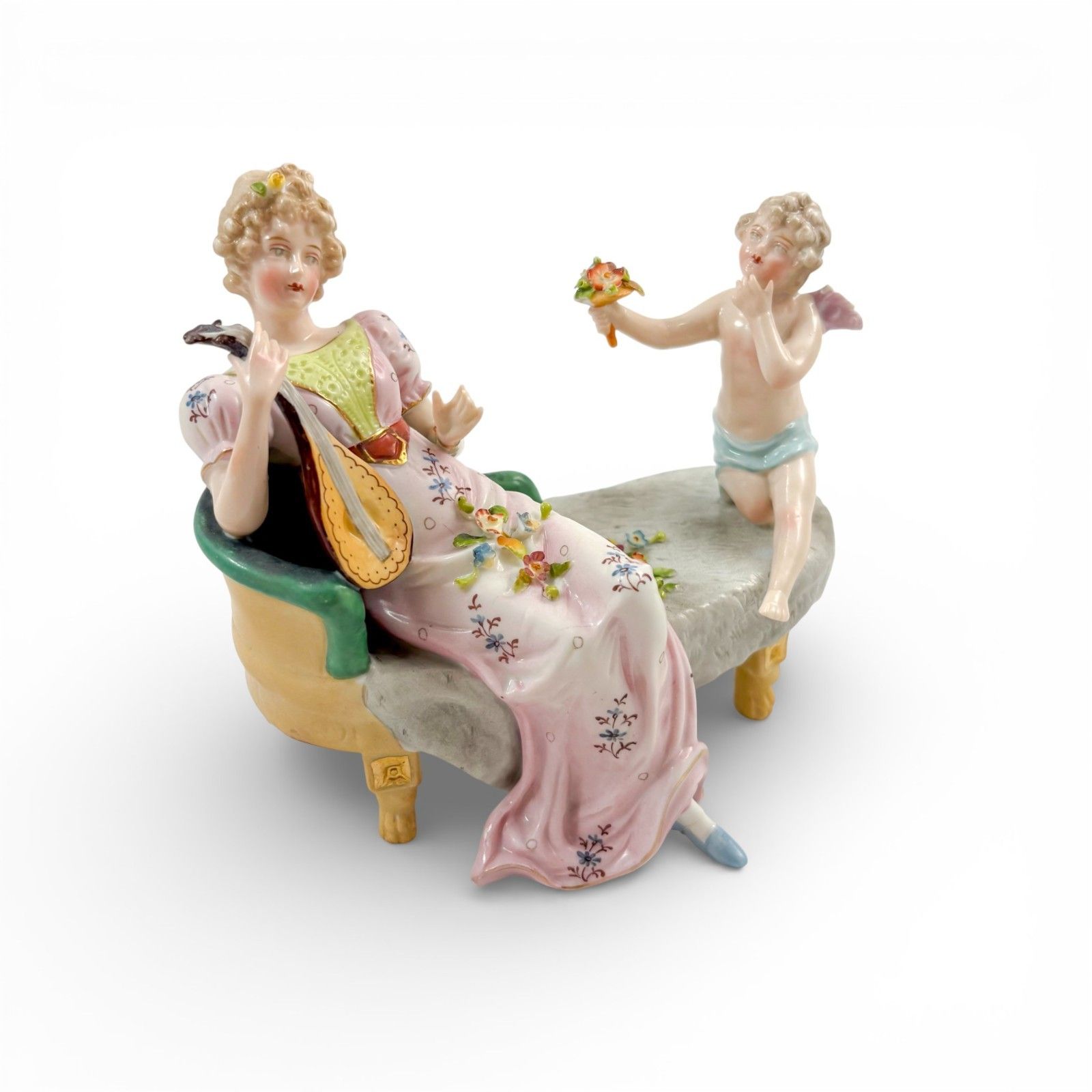 Antique Sitzendorf Porcelain Figurine Lady With Cherub And Mandolin C. 1910