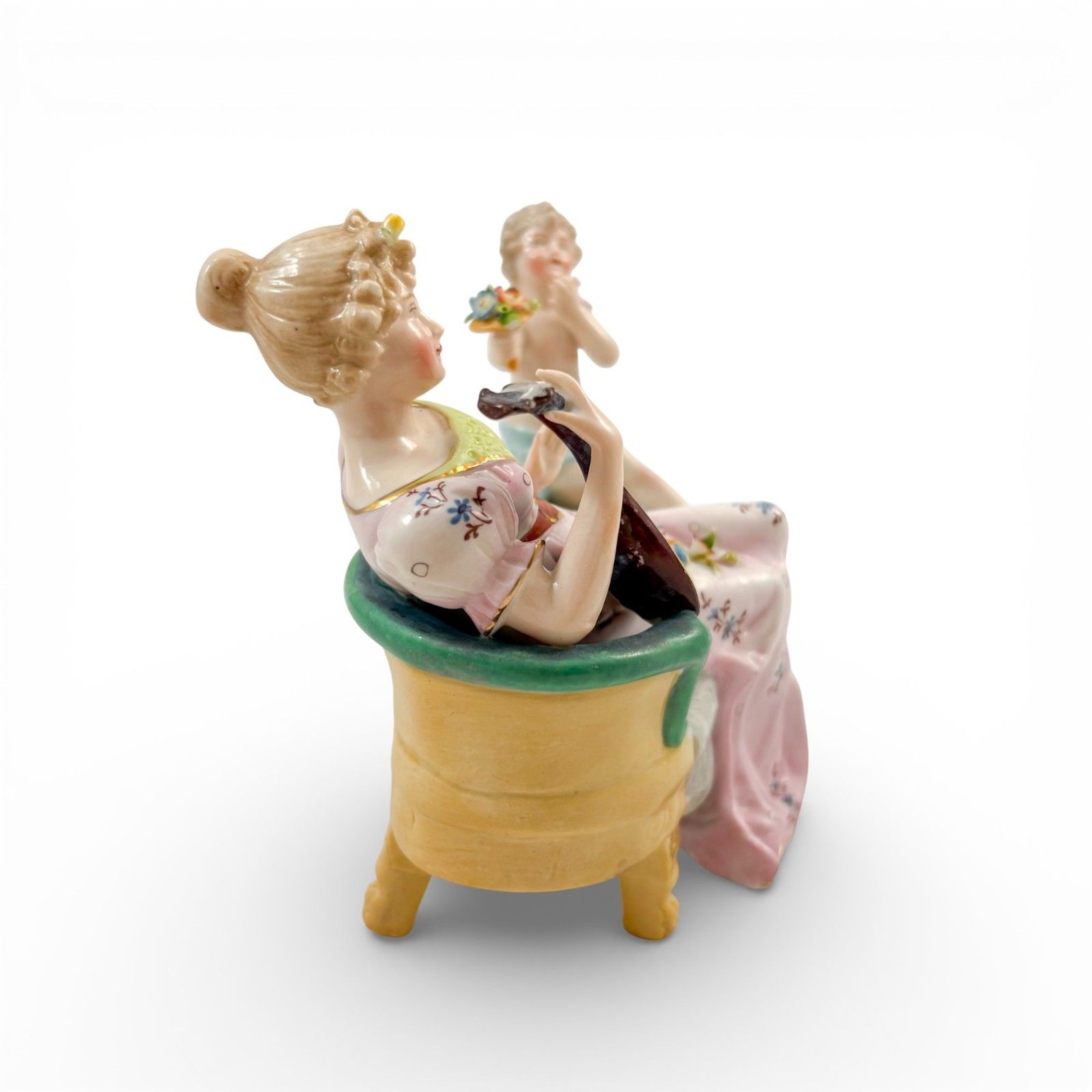 Antique Sitzendorf Porcelain Figurine Lady With Cherub And Mandolin C. 1910 photo 175.0