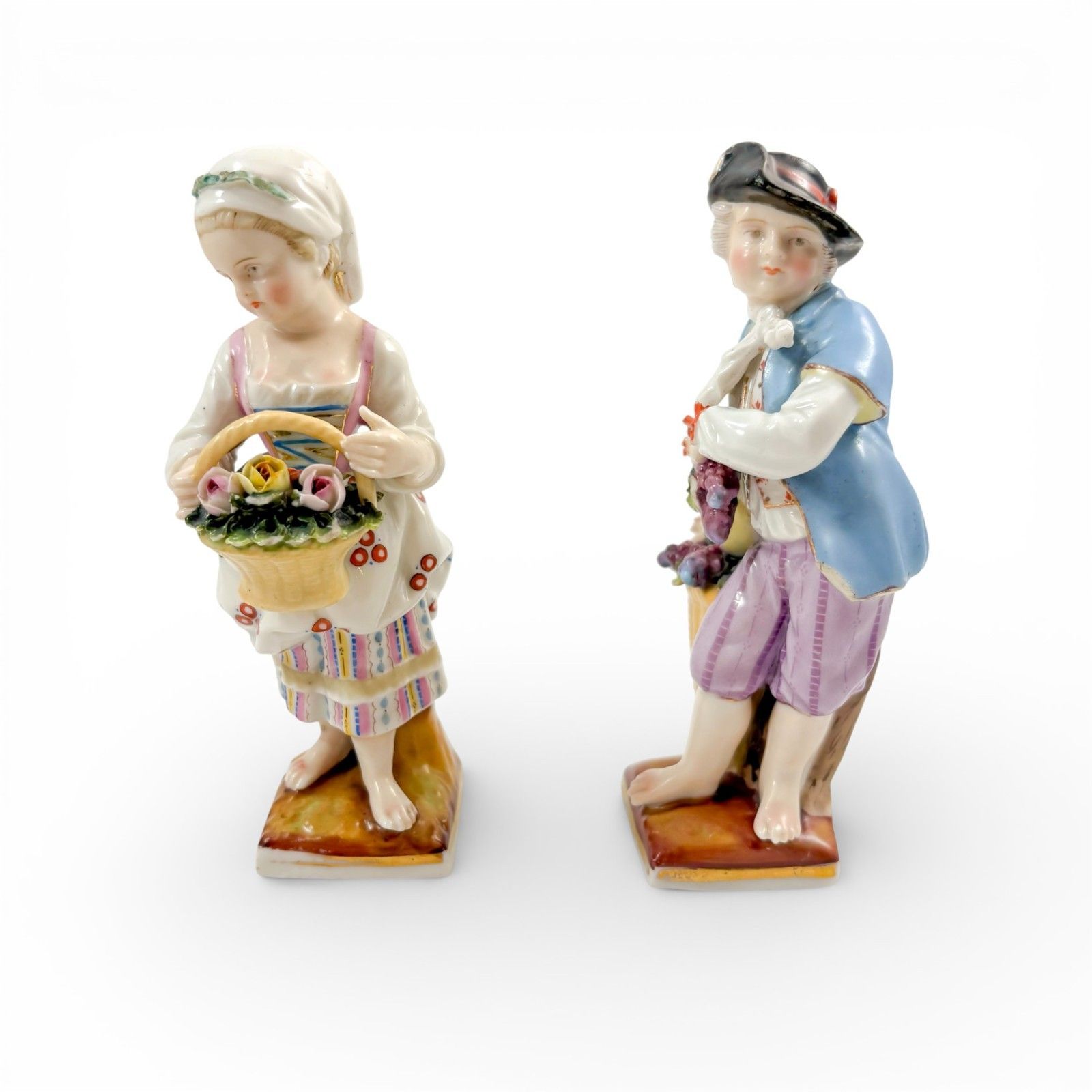 19th C Sitzendorf Antique Porcelain Figurines Flower Girl & Fruit Boy Pair 15cm photo furniture