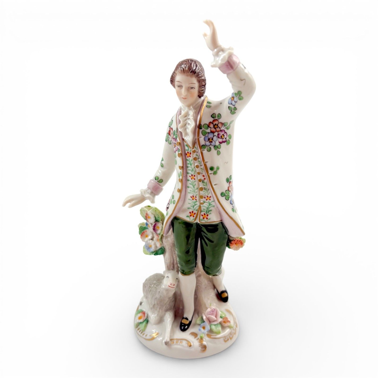 photo vinterior Antique Sitzendorf Porcelain Pastoral Figurines Couple With Lambs, C.1900